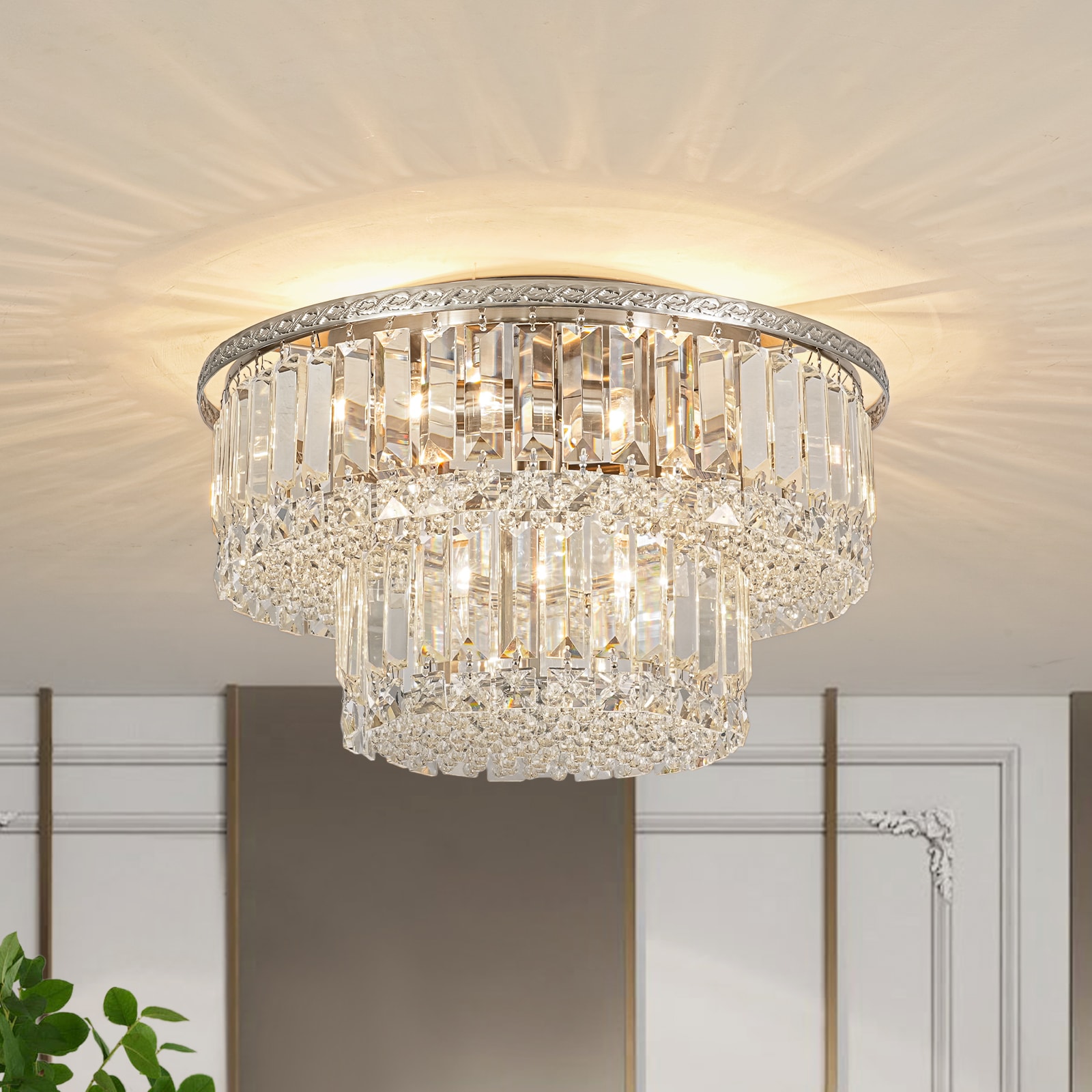 Wonderindoor 5-Light Double Tier Crystal Cake Shape Flush Mount Light in Nickel