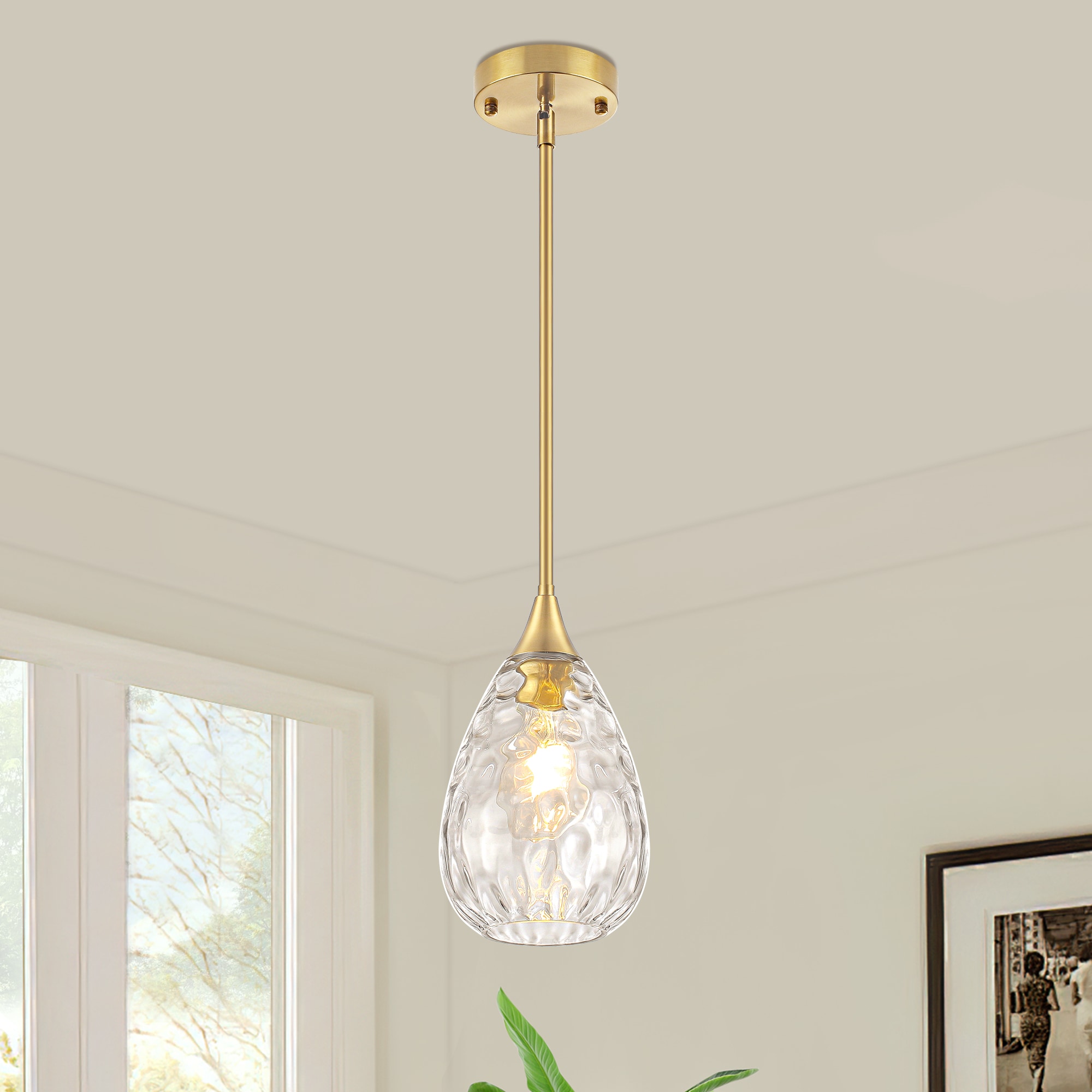 ZSMIHDOH 1 -Light Brushed Gold Modern/contemporary Textured glass Cylinder Hanging Pendant Light