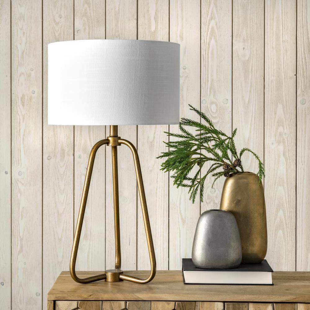 Antique Brass Metal Tripod Table Lamp with White Fabric Shade