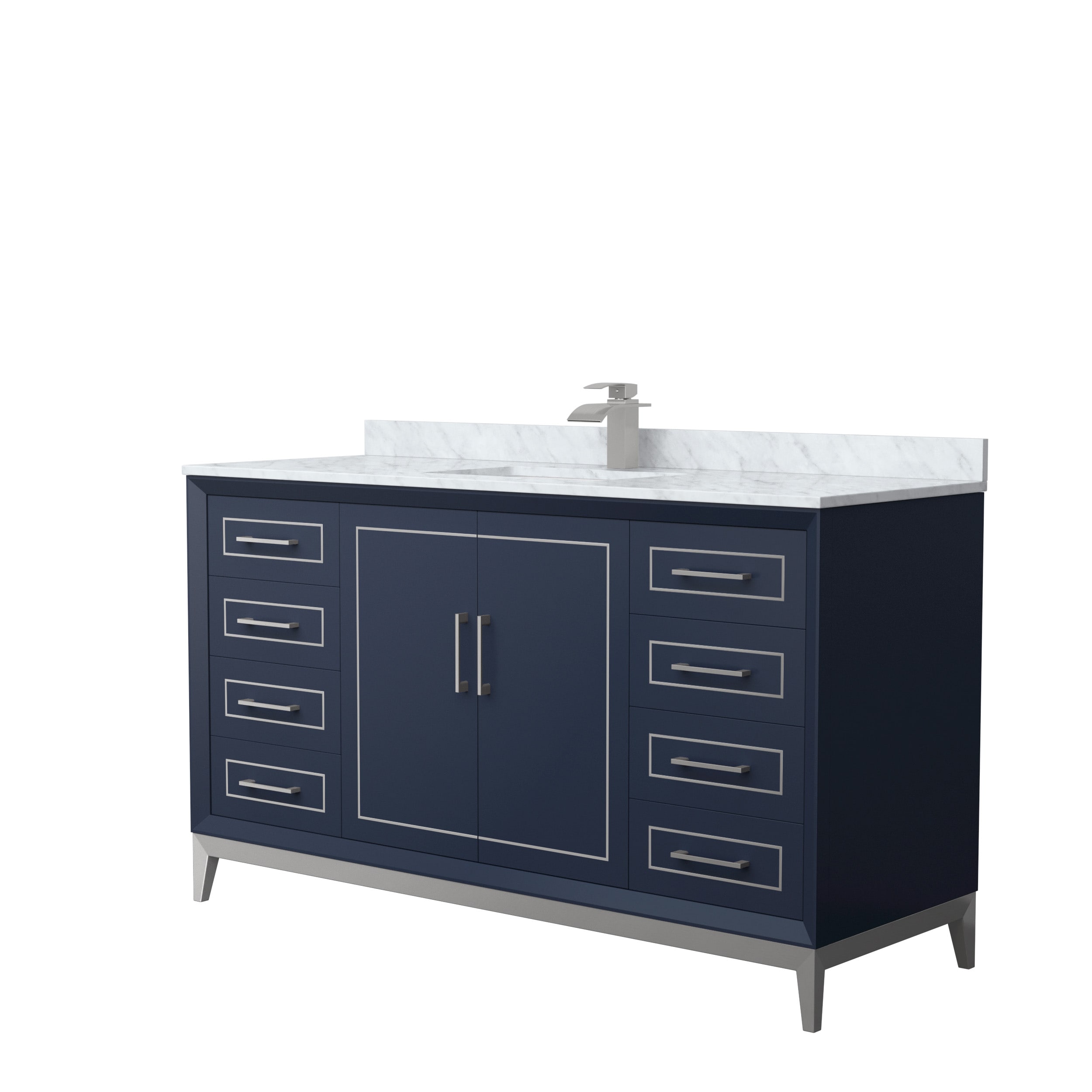 Wyndham Collection WCH515160SBNCMUNSMXX Marlena 60-in Dark Blue with Brushed Nickel Trim Undermount Single sink Bathroom Vanity with White Carrara marble Natural marble Top