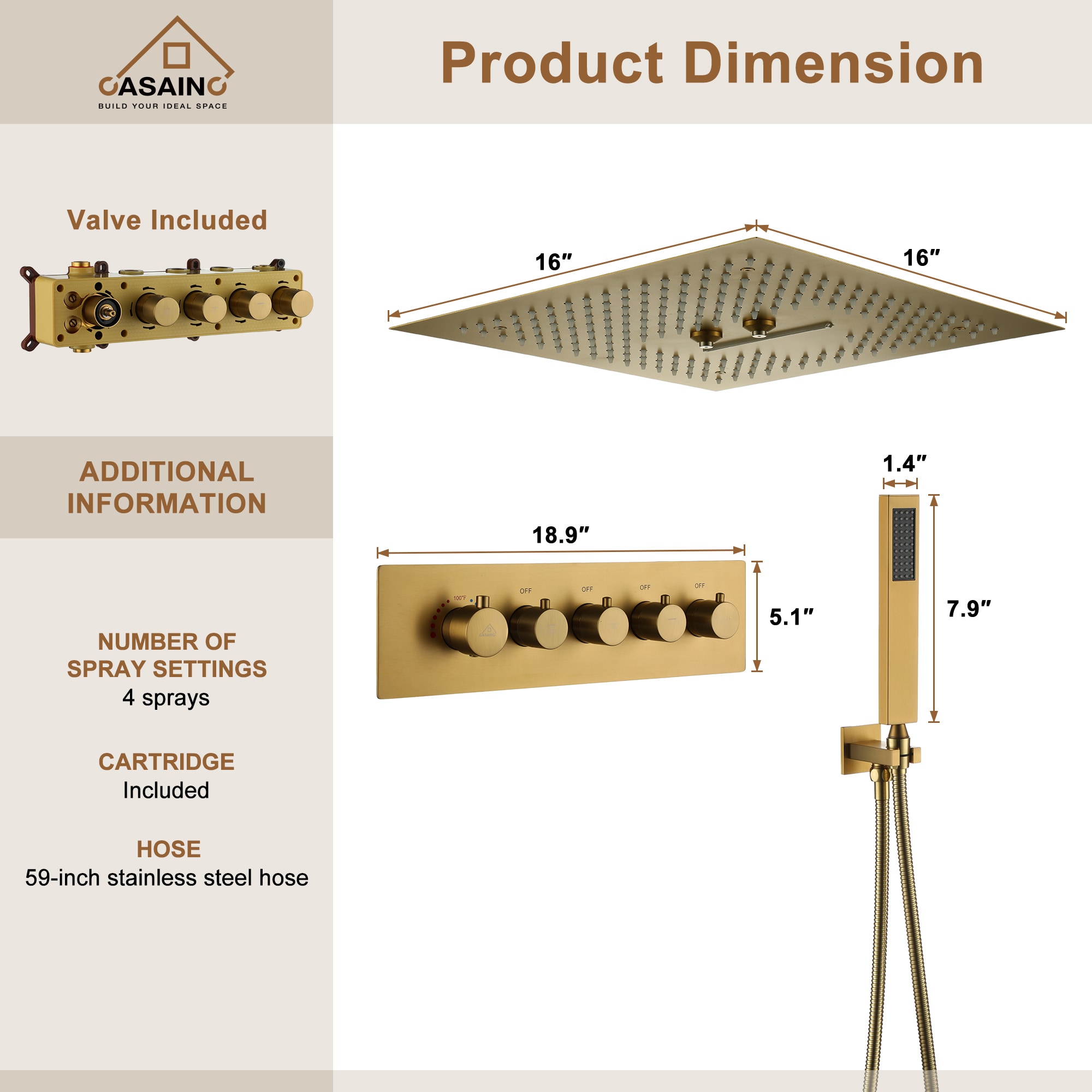 CASAINC CS6837-16BG Showerhead-Bar-Panels - View #8