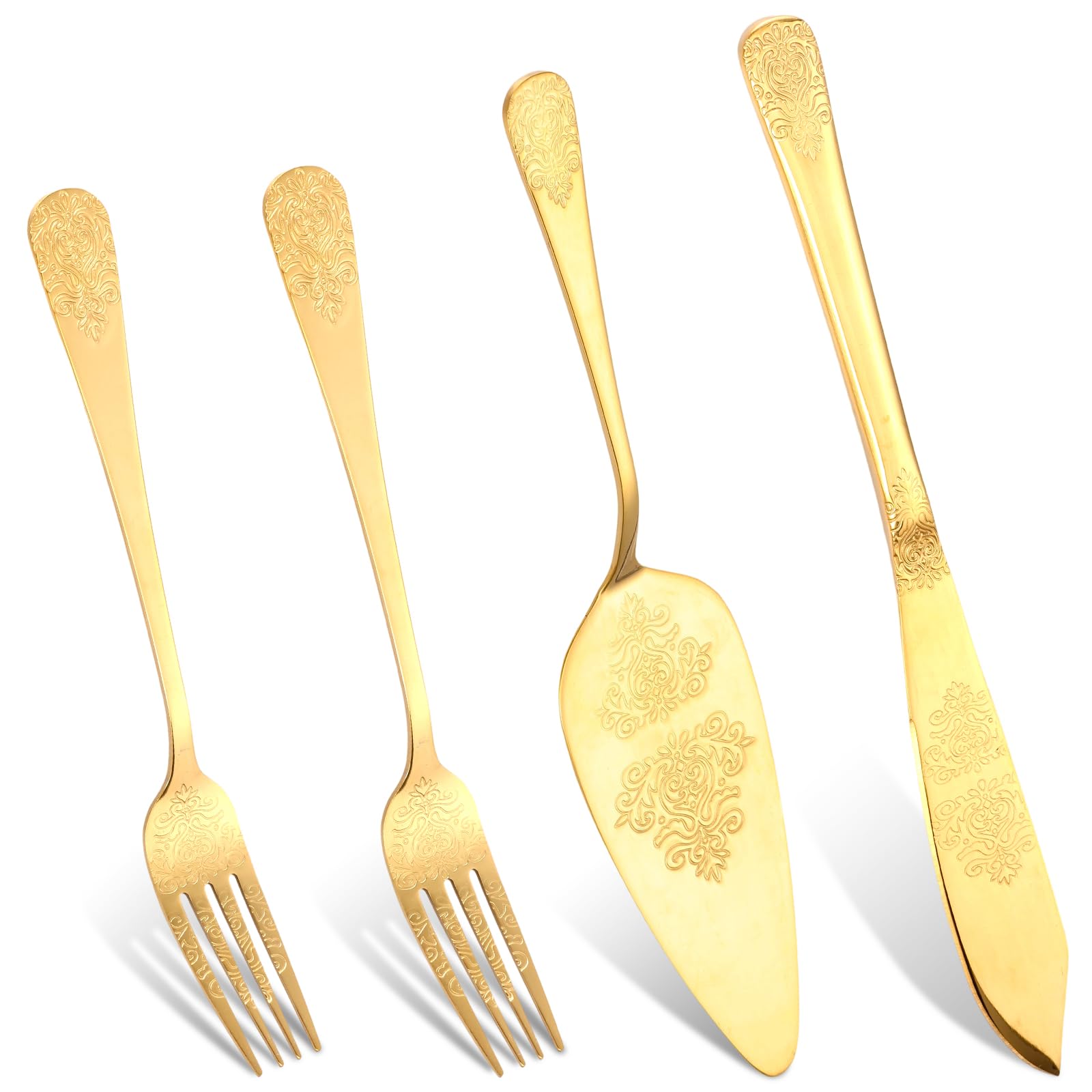 Aoibox  4 Piece Vintage Engraved Gold Stainless Steel Wedding Cake Knife and Server Set with Forks