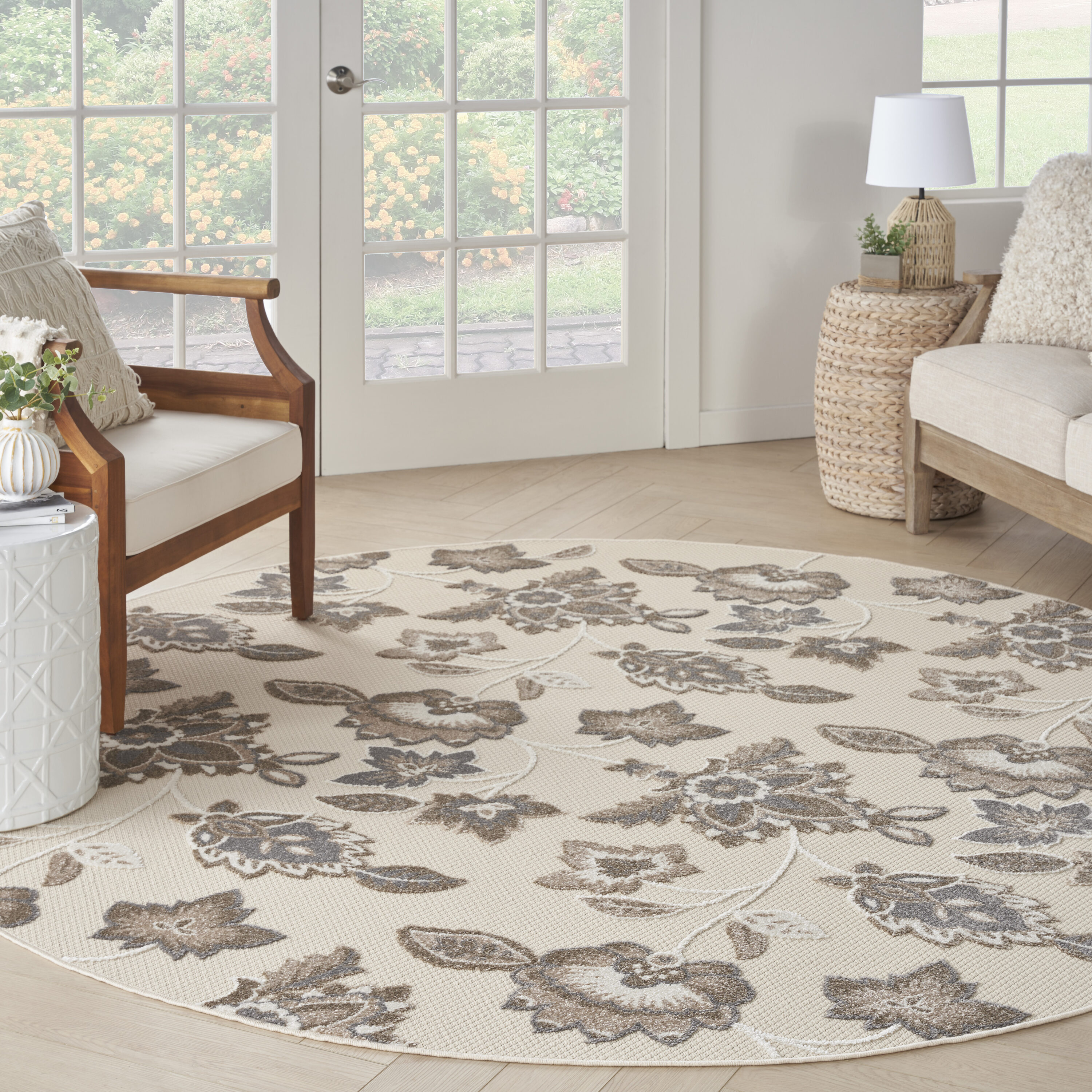 Nourison 099446169044 Aloha 8 x 8 (ft) Loomed Polypropylene Beige Round Indoor/Outdoor Floral/Botanical Area rug