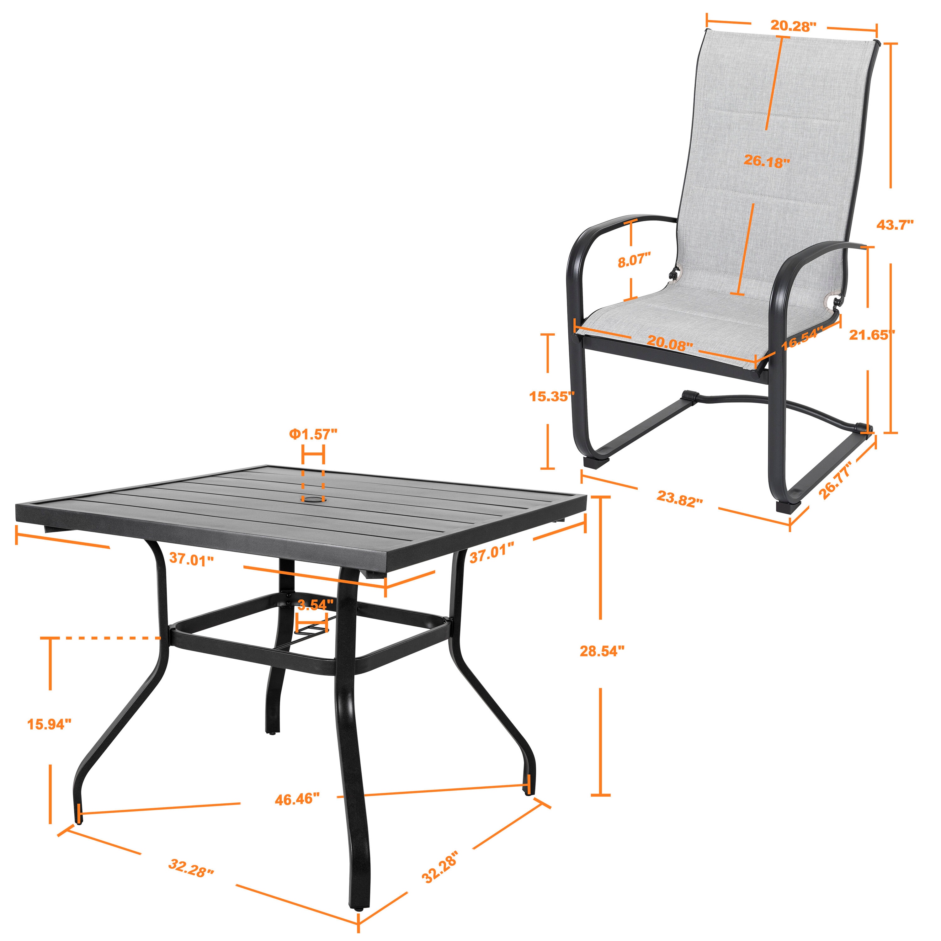 5-Piece Black and Gray Iron Outdoor Dining Set with Armchairs
