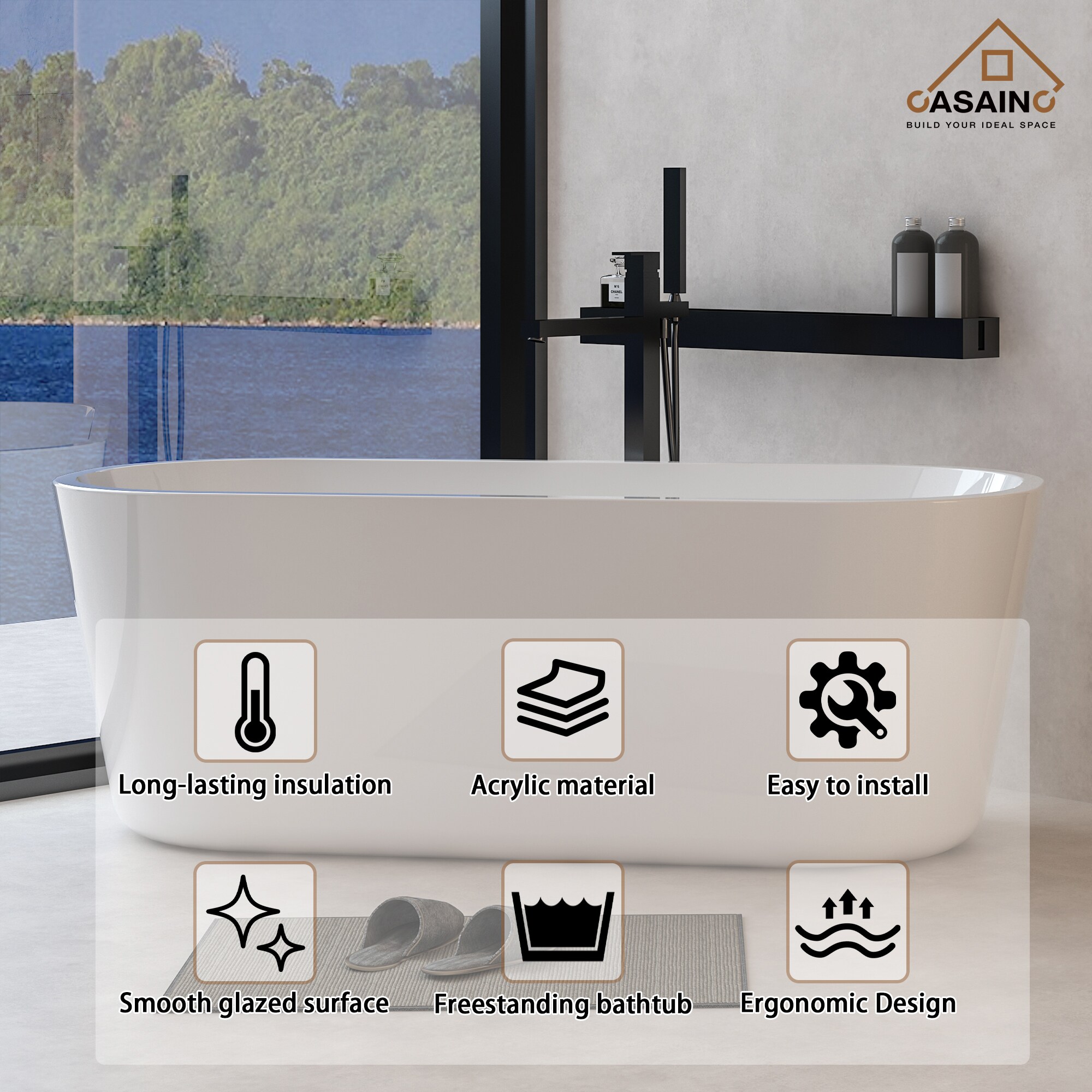 CASAINC 29.53-in x 67-in White Acrylic Oval Freestanding Soaking Bathtub  Drain (Center Drain) at