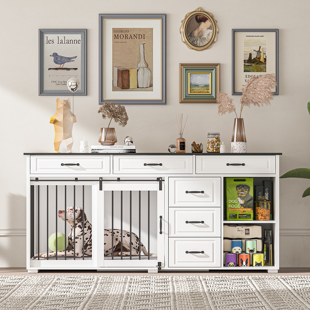 Homsee C-KF150192-01 Modern Dog Crate Furniture Pet House with 6 Drawers Black Handles Lockable Iron Bar Doors and 2 Shelves 72.5''L x 23.6''W x 33.5''H White