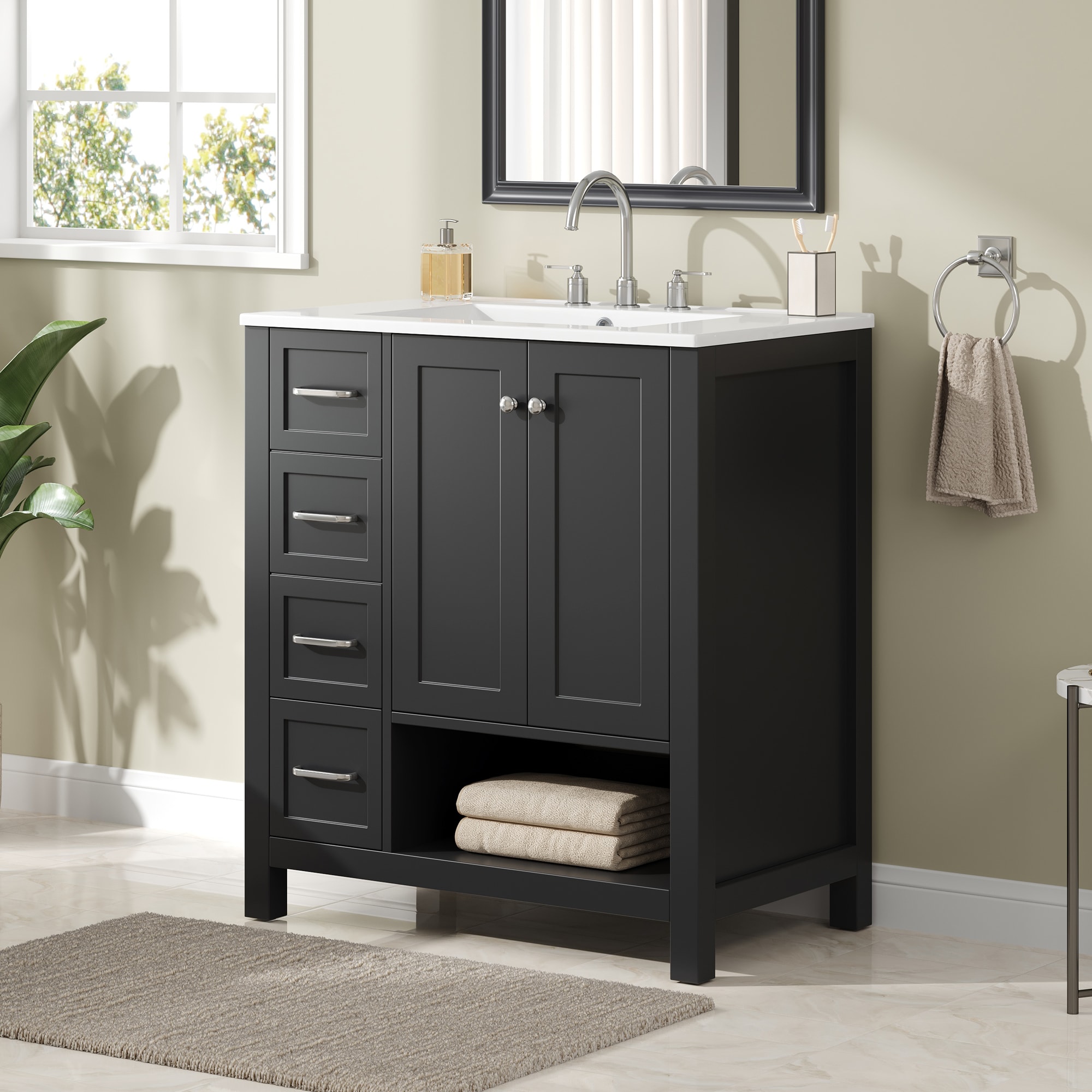 Qualler  30 Inch Bathroom Vanity with Sink and 2 Doors and 2 Drawers and Open Shelf - Black