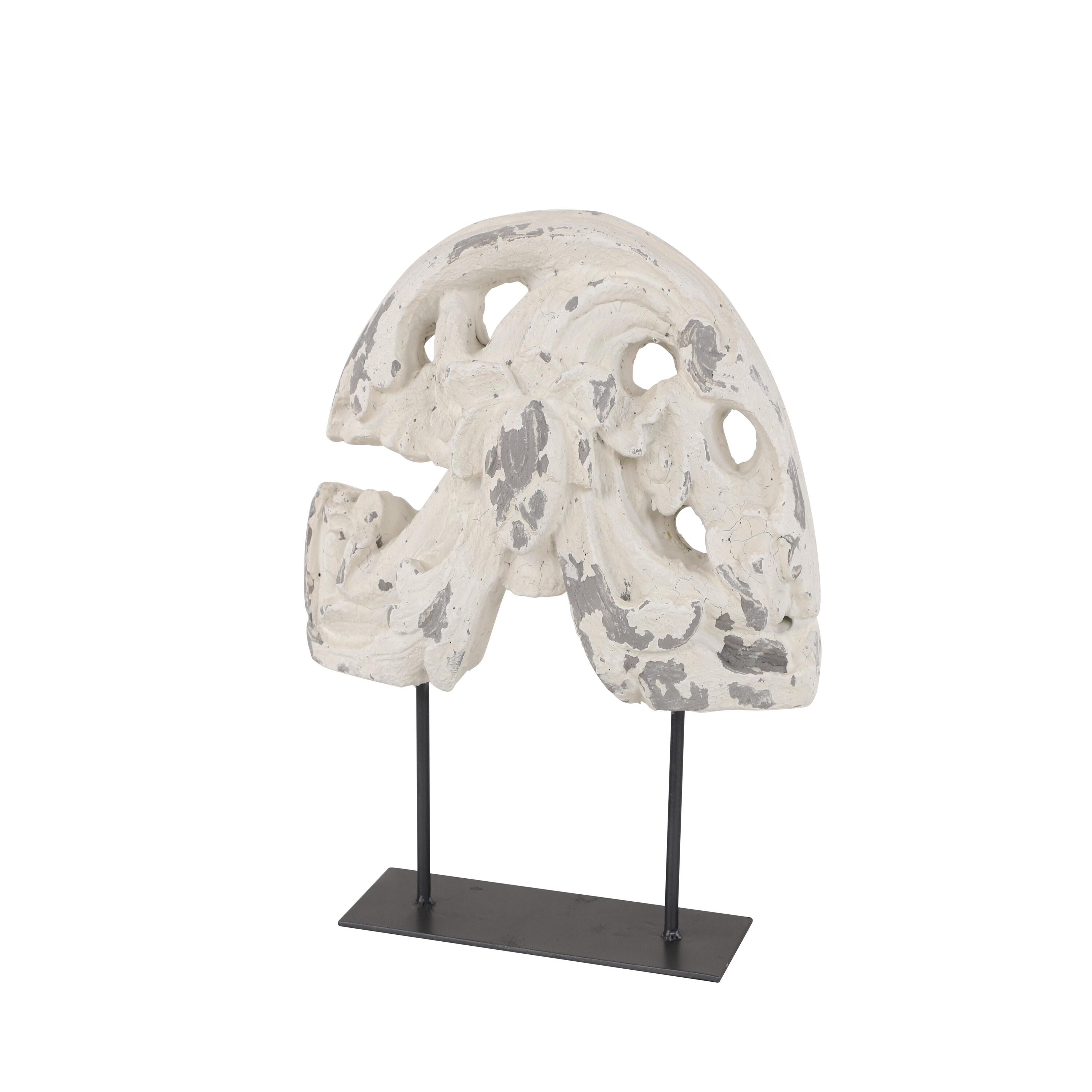 Distressed White Metal Acanthus Sculpture on Stand