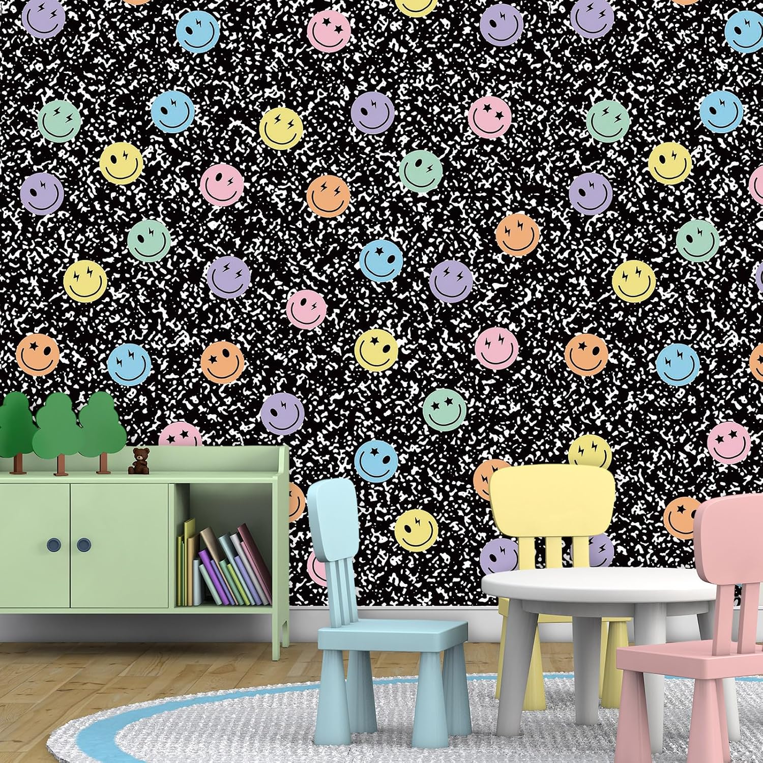 Luupatchy Peel and Stick Wallpaper Roll with Smile Face Composition Notebook Pattern 17.3 In x 120 In Self-Adhesive Removable Wall Decal for Classroom and Home Decor