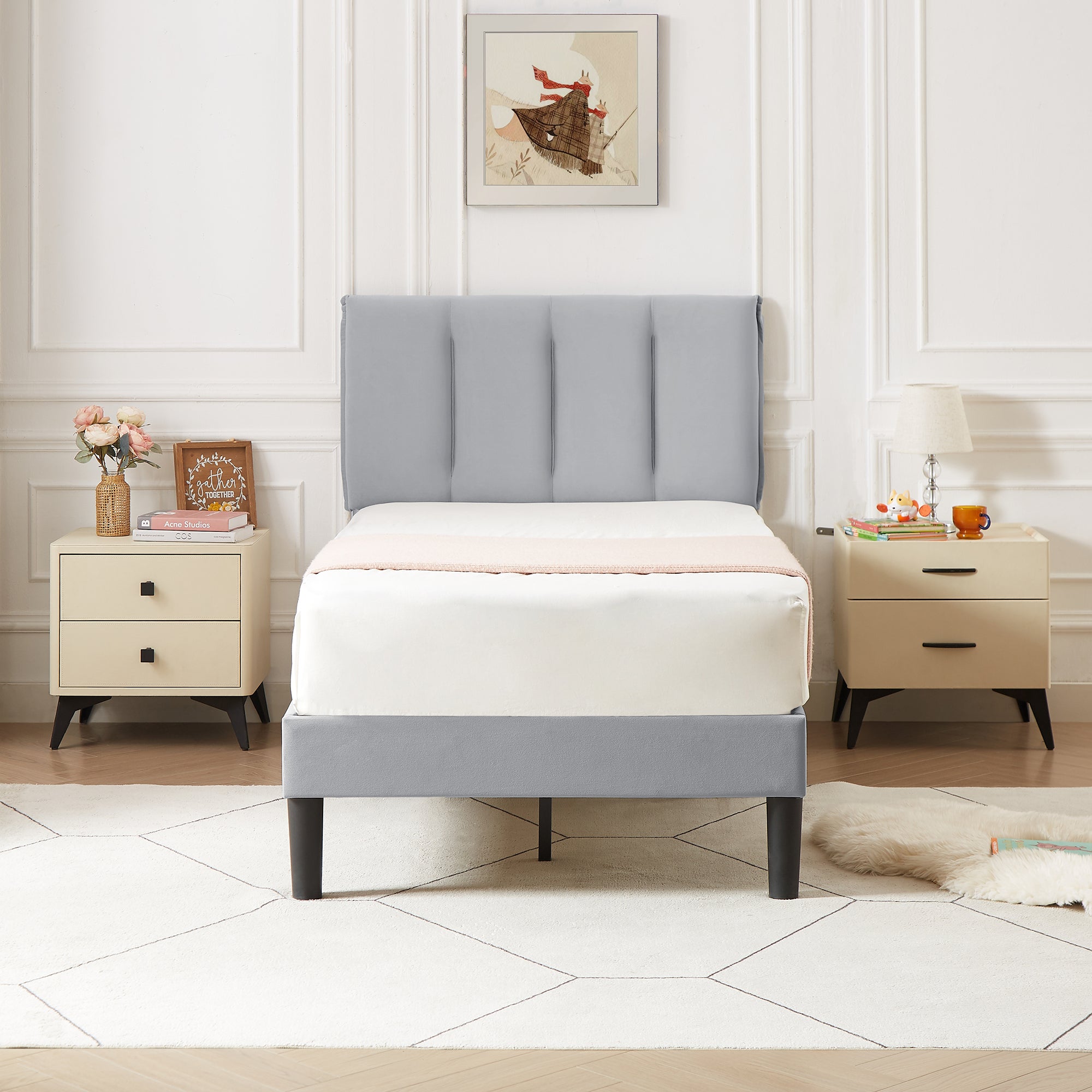 Vecelo LOE-CY-TB04-LGRY Twin Bed Frame with Upholstered Adjustable Headboard Heavy Duty Platform Bed Frame with Strong Wooden Slats Support Light Gray