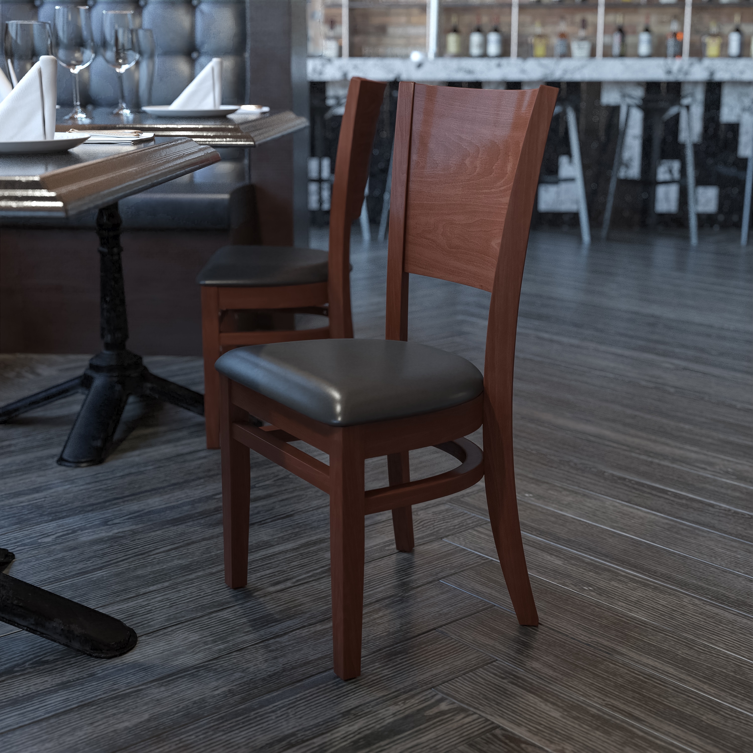 Elegant Walnut Wood Side Chair with Black Vinyl Seat