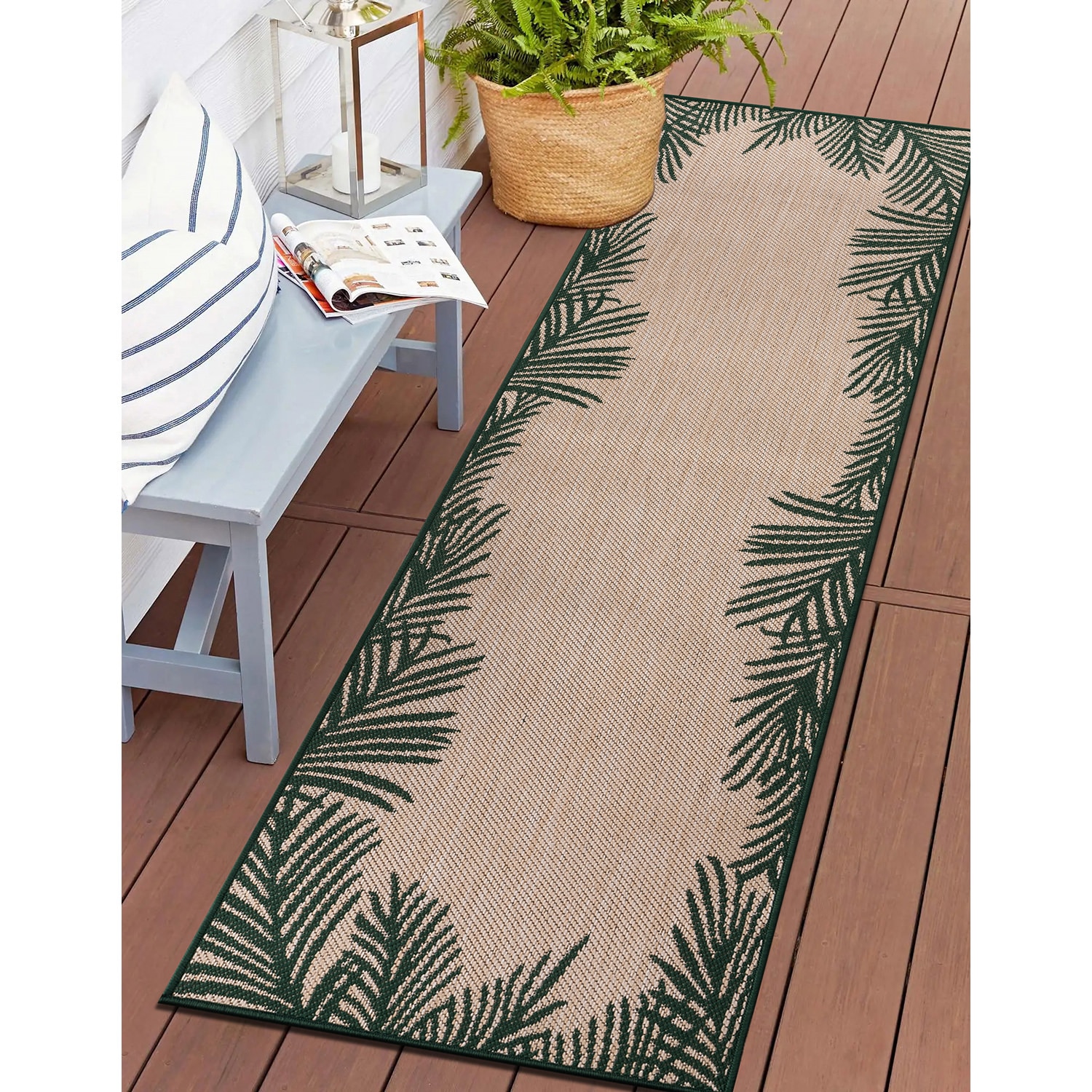 Tropical Palm Floral Green Synthetic 2'x7' Indoor/Outdoor Rug