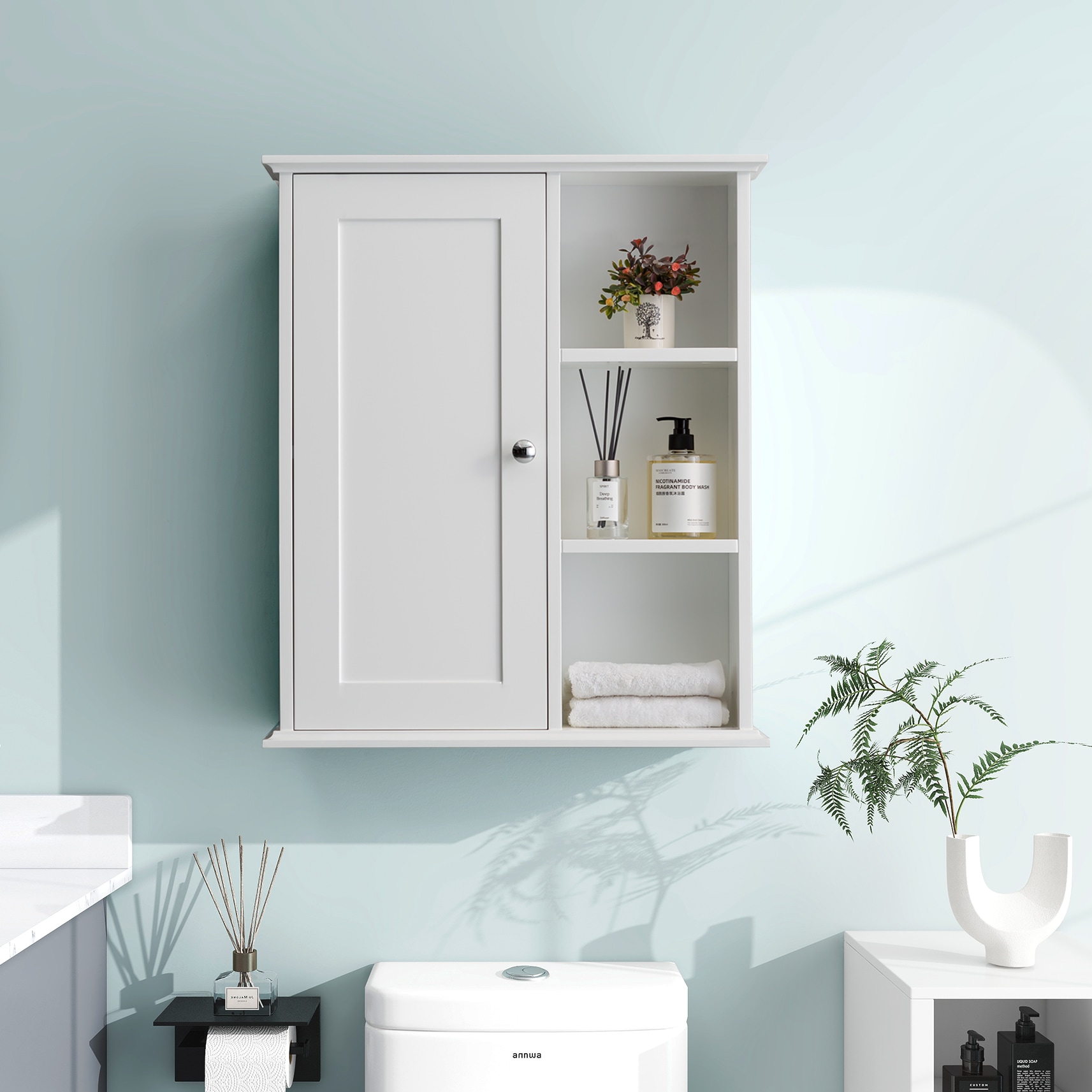 FAVSH  23.6-in x 27.6-in x 7.1-in White Bathroom Wall Cabinet with Mirror and Soft Close Doors