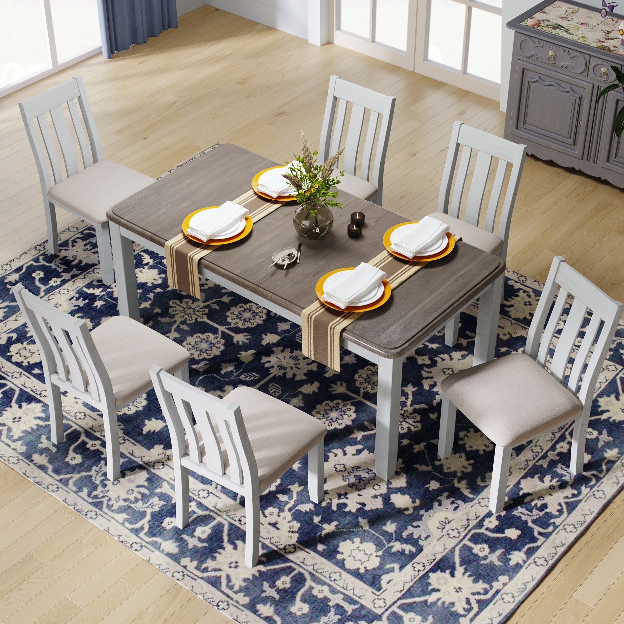 ModernLuxe ST000045AAK Retro Style 7Piece Dining Table Set with Extendable Table and 6 Upholstered Chairs BrownWhite