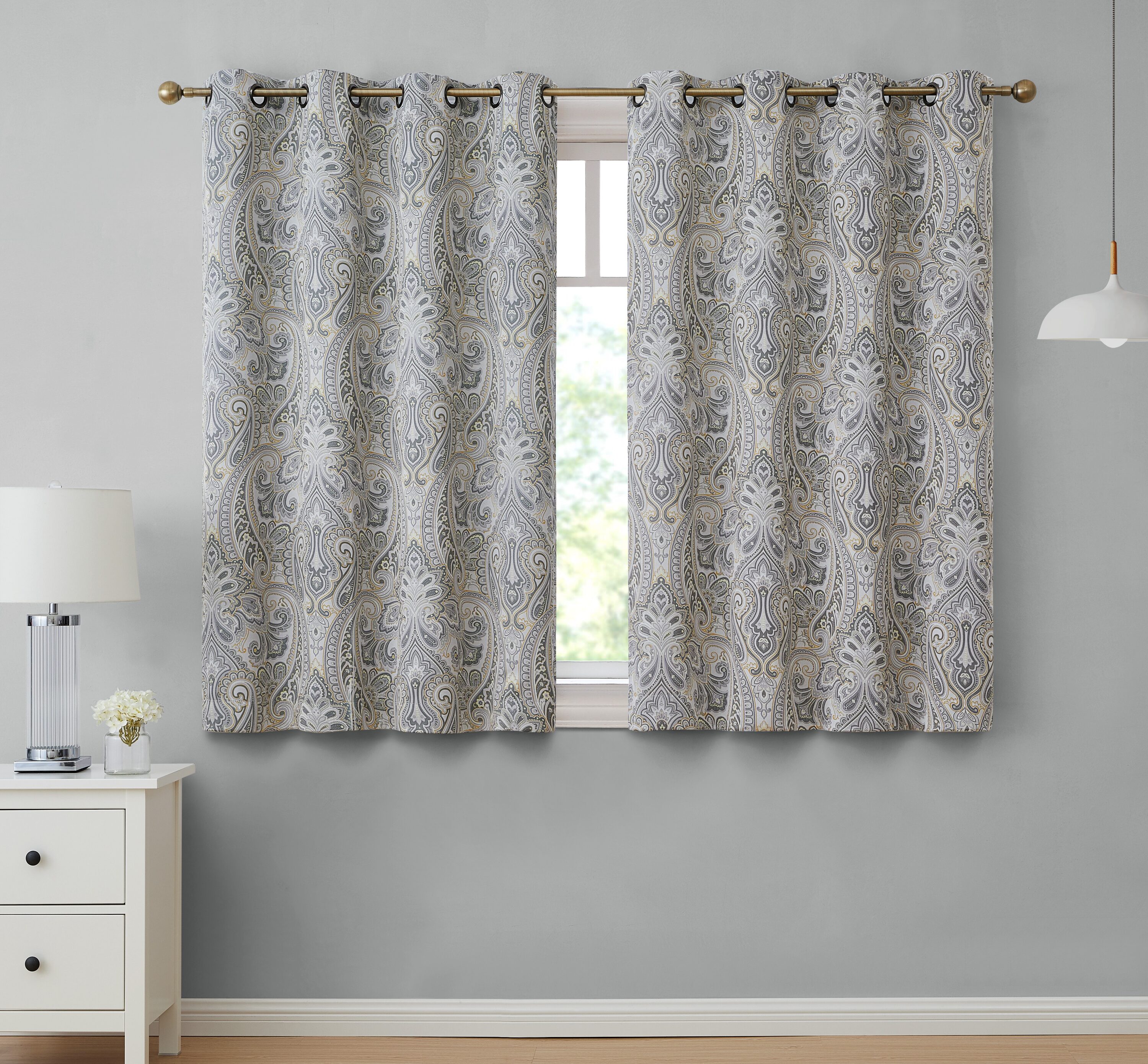 Grey Yellow Paisley Damask Blackout Grommet Window Panels