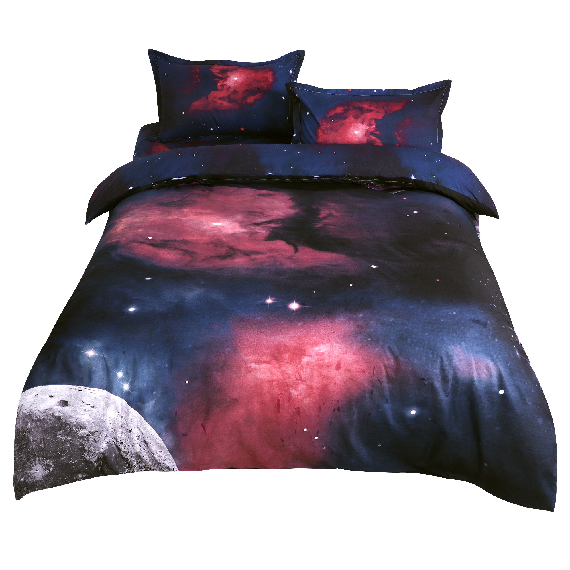 Unique Bargains 4pcs Galaxies Duvet Cover Sets - 3D Printed Space Themed - Polyester- All-Season Reversible Design - Includes 1 Duvet Cover 1 Flat Sheet 2 Pillow Shams Fuchsia Twin