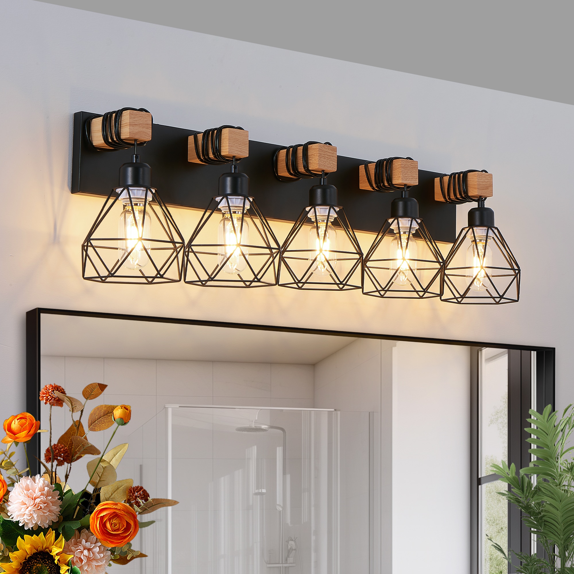 Cuschoice  31-in 5-Light Modern Vanity Light Iron Frame with Wood Accents(No Bulbs)