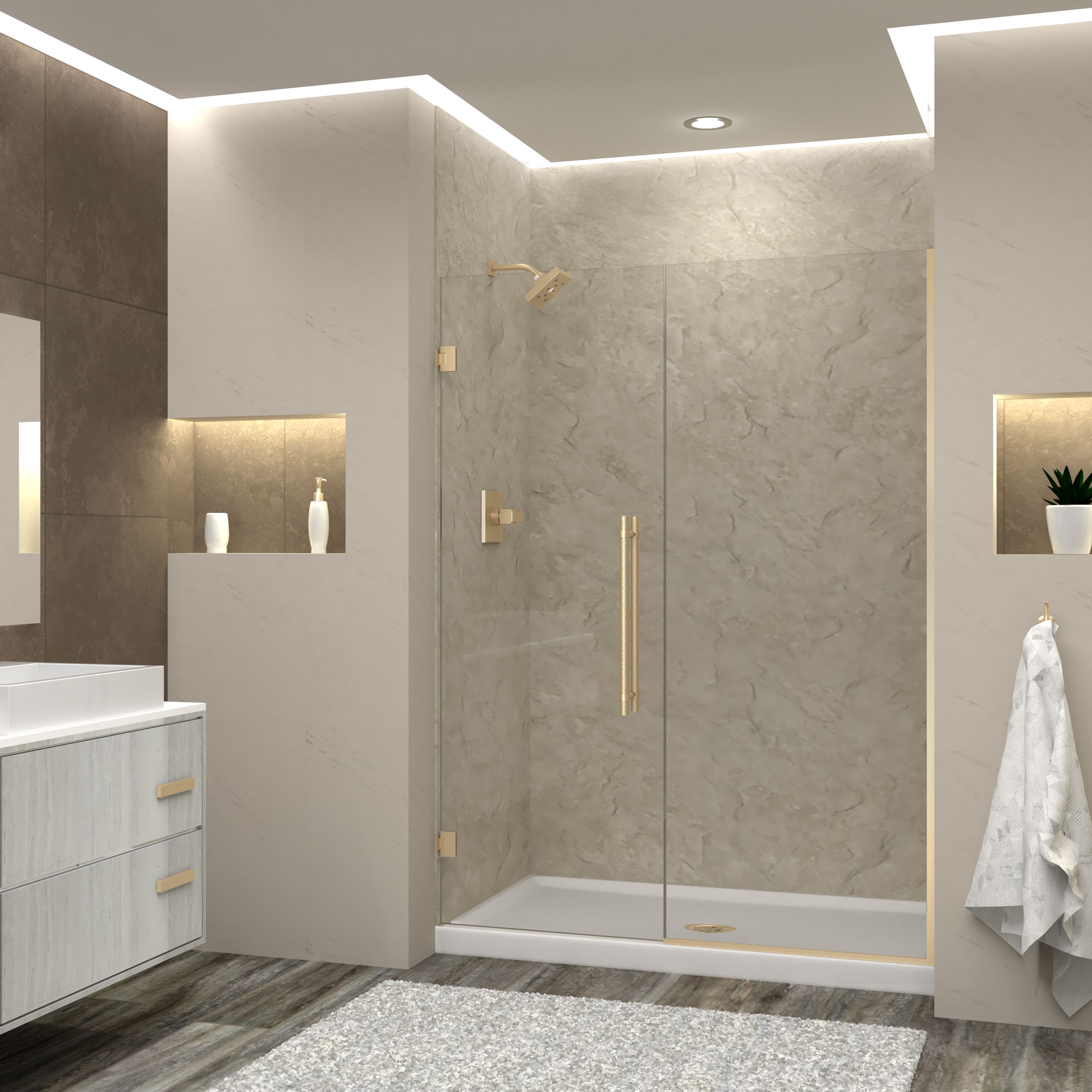 Transolid EHTB55257610C-BK-CB Elizabeth Champagne Bronze 55-in to 55-1/2-in W x 76-in H Semi-frameless Hinged Soft Close Shower door 5/16-in Thick Clear Glass