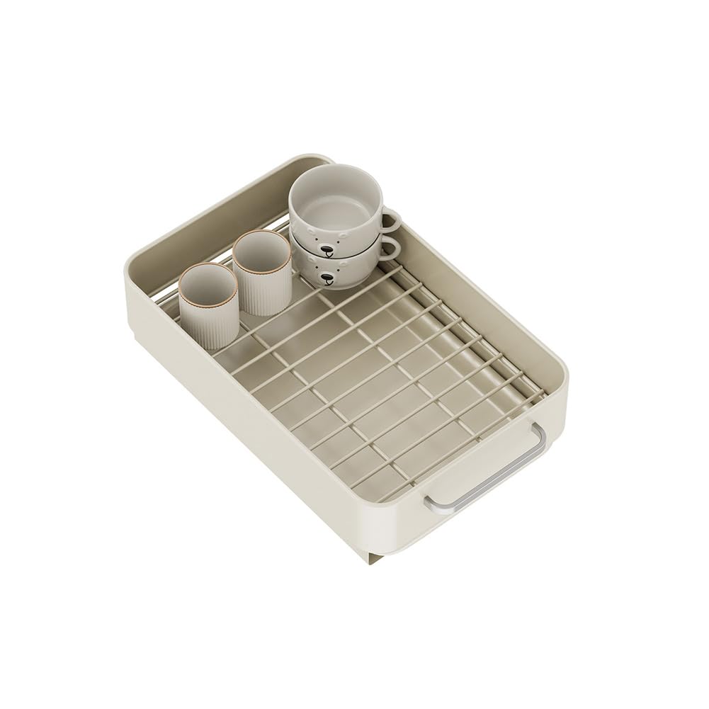 IdealHouse Slide Out Dish Drying Rack for Kitchen Cabinets Heavy Duty Carbon Steel Organizer Shelf with Drip Tray Easy Clean Space Saving Under basin Storage for Plates Bowls Pots and Pans Flat Mesh Milky White