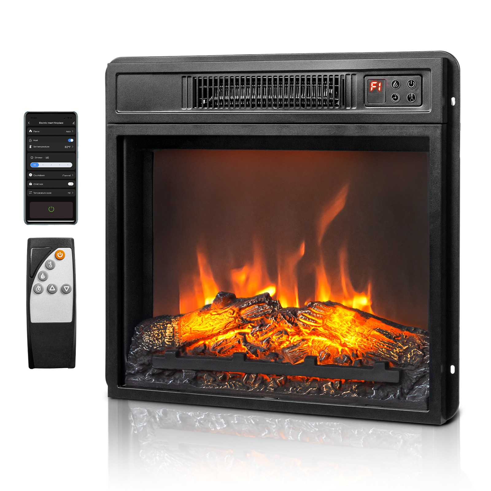 ROVSUN 19-in W Electric Fireplace Inserts with APP Remote Control and 8H Timer ETL 1400W
