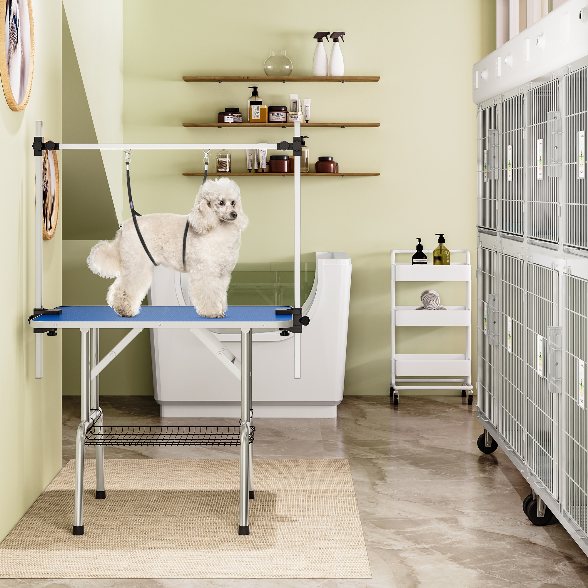 LOVMOR Y-DGT-46BL-4DF0 46 in. Foldable Dog Grooming Table with Adjustable Height Arm for Home Pet Bathing in Blue