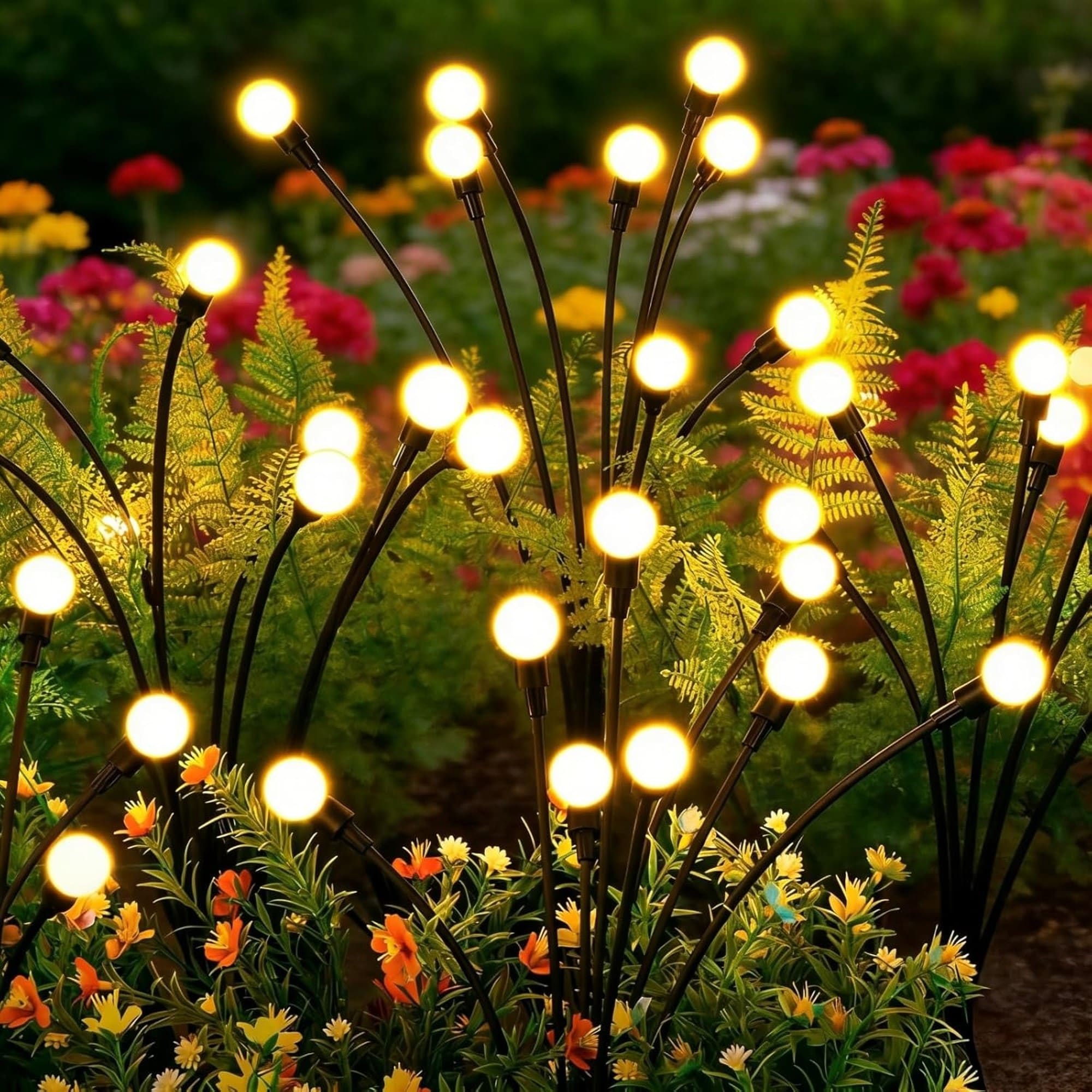 Numhew Solar Firefly Garden Lights Warm White 4-Pack with 8 Swaying LED Bulbs per Stake