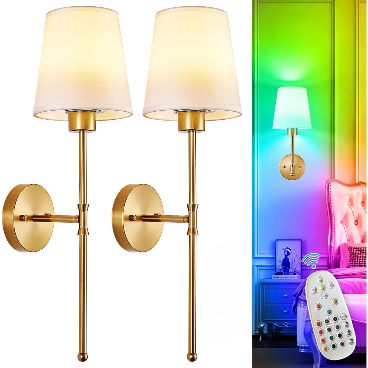 Jokupey  Gold Battery Operated Wall Sconces Set of 2 with 10000mAh Dimmable LED Bulbs and Remote Control for Bedroom Living Room Hallway