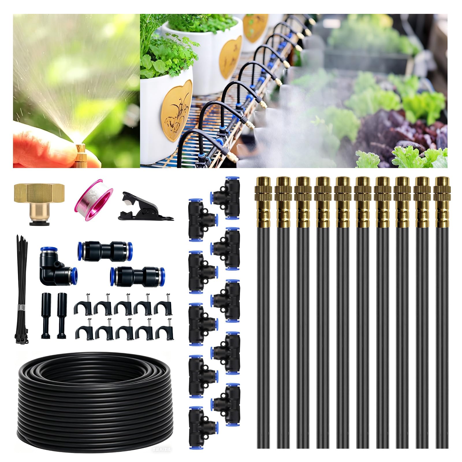 KIWDZFU  30FT 360 Degree Mist Spray Drip Irrigation System Garden Watering Kit with 10 Fine Mist Nozzles Adjustable Atomizing Sprinkler for