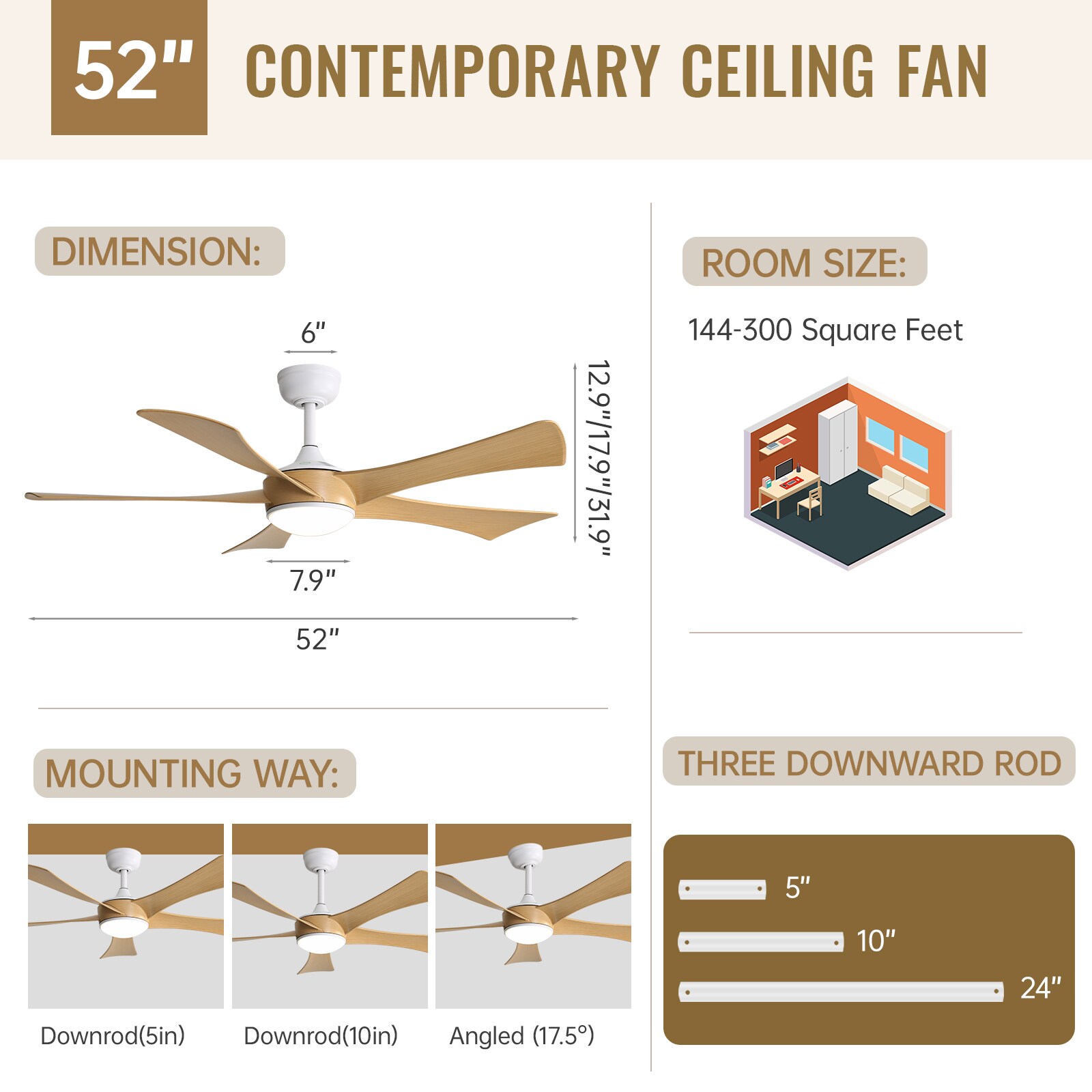 52'' White and Light Brown Low Profile Ceiling Fan with Remote