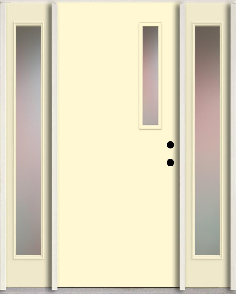 RELIABILT LO1063436 Spotlights 56-in x 80-in x 4-5/8-in Fiberglass 1/4 lite Left-hand inswing Bisque Paint Painted Prehung Front Door with Sidelights Insulating core