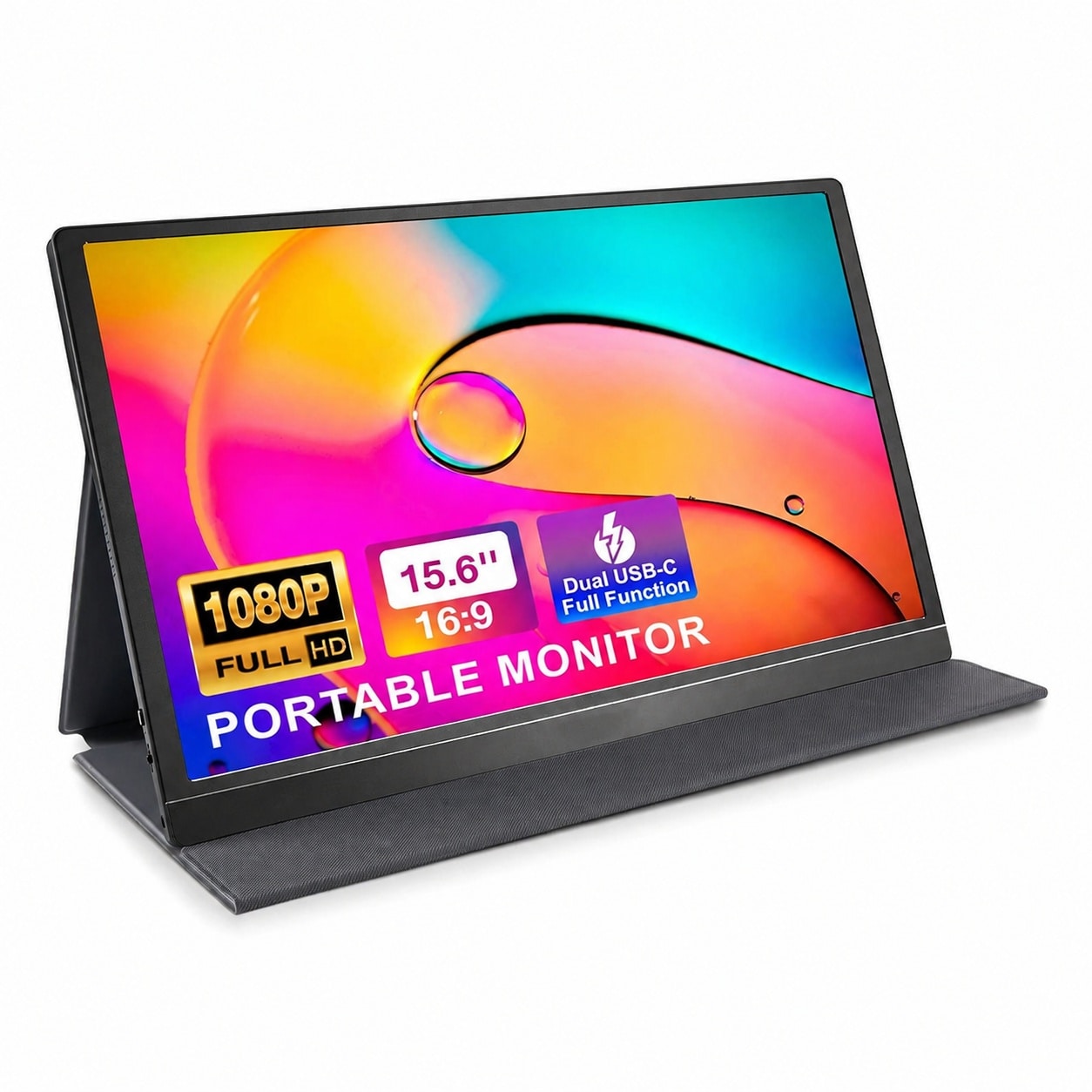Etokfoks  15 6 Inch 1080p FHD IPS Portable Laptop Monitor 60Hz HDR Dual USB C Mini HDMI Speakers Smart Cover Travel Screen