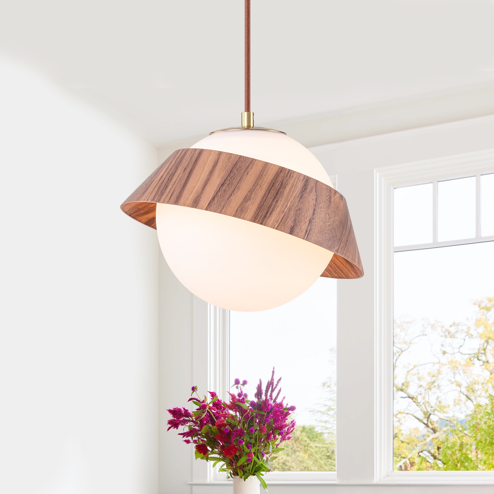MENCOLULU 10 inch Natural Brown Walnut Accent Ring Pendant Lighting 1 -Light Brown Walnut Modern/contemporary Opal glass Globe Small Hanging Pendant Light