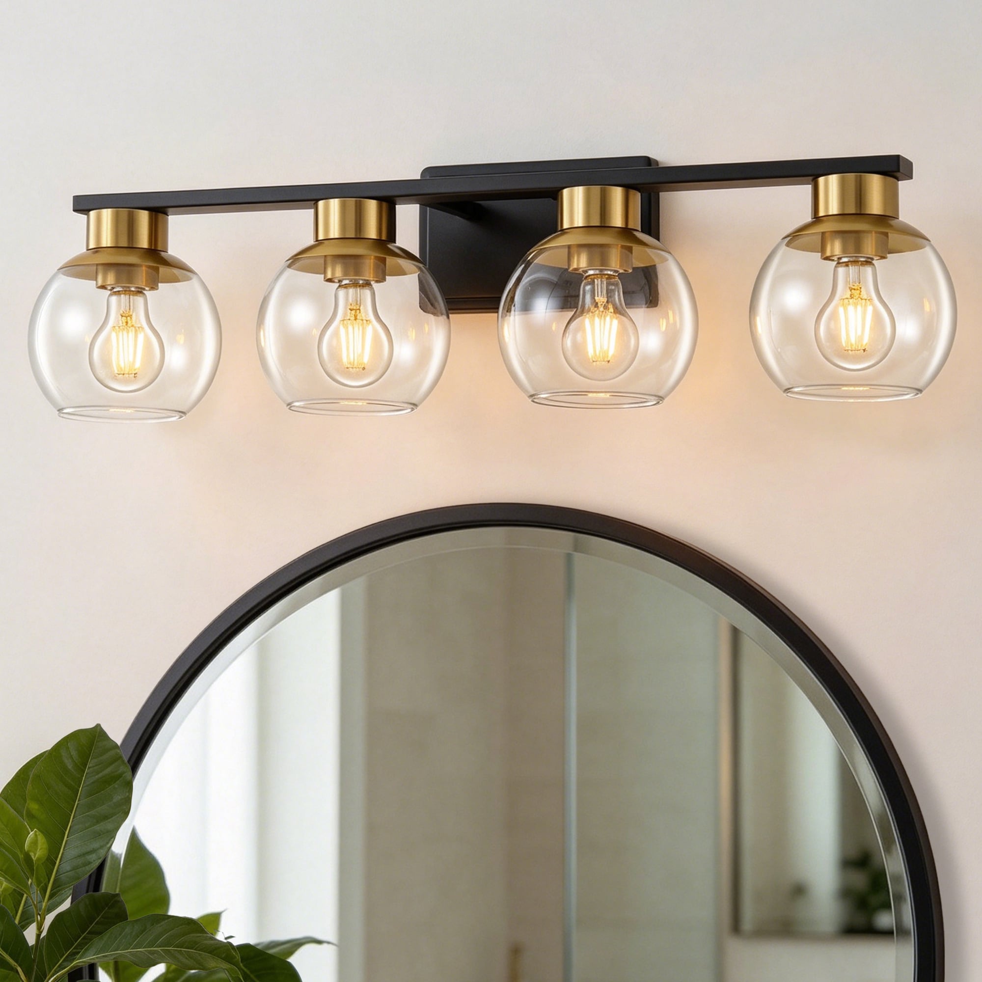 Lanmate  4 Light Black Gold Vanity Light Clear Globe Glass Shade Bathroom Wall Light