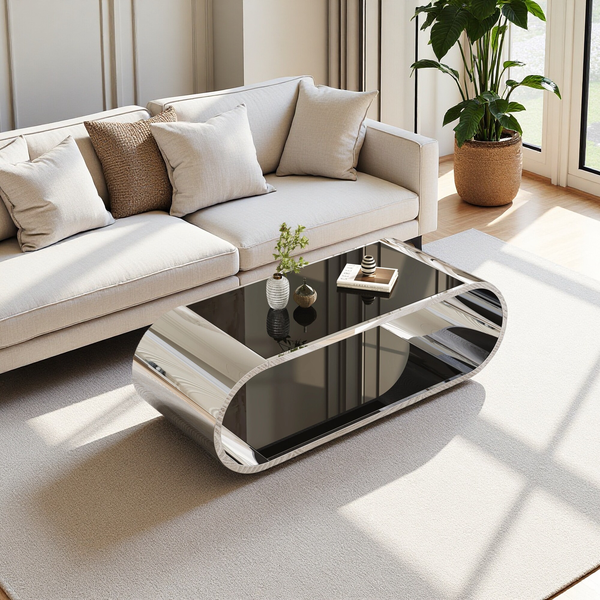 zwyo hosimu - 57.1-in 2-Tier Coffee Table with Tempered Glass Top and Stainless Steel Frame