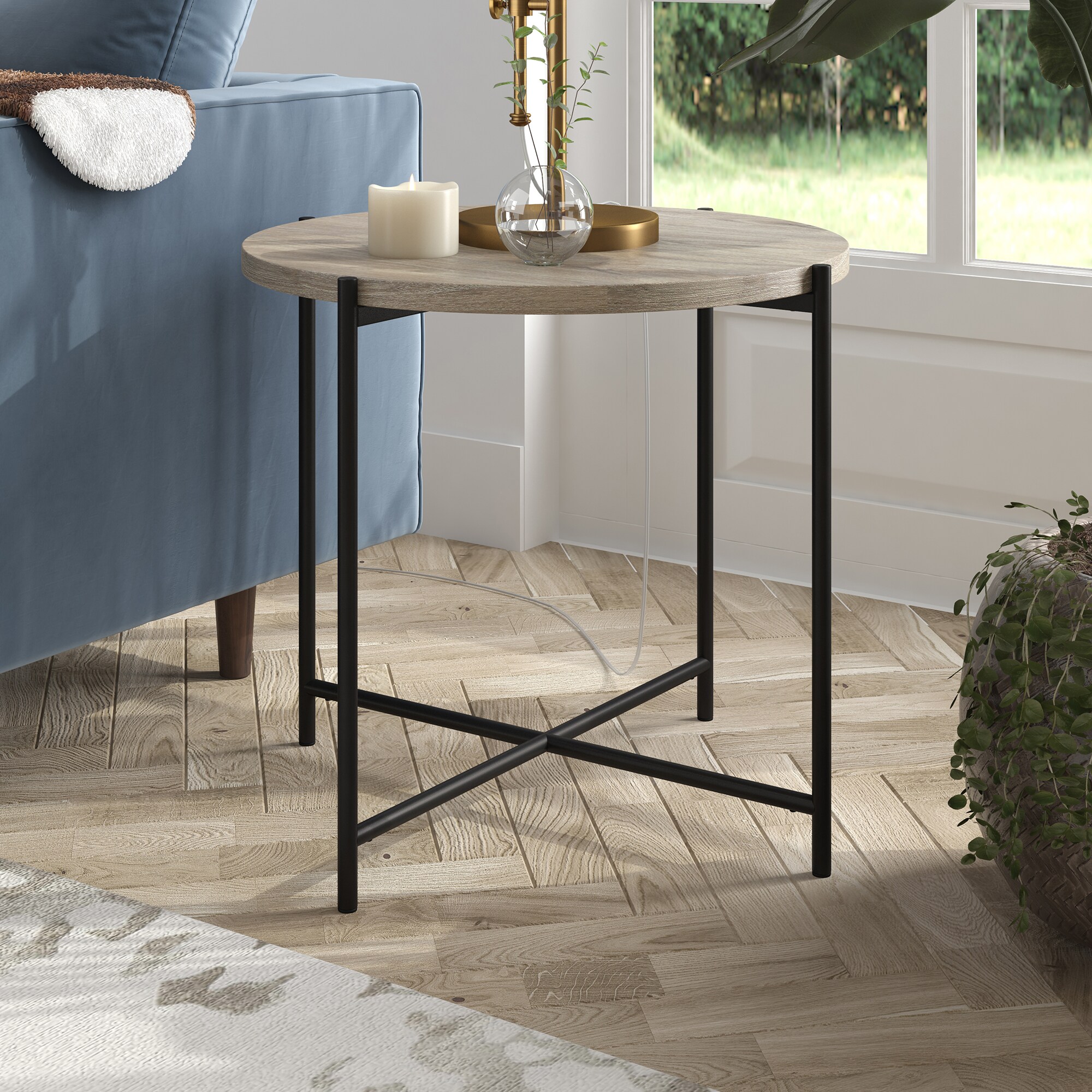 Hailey Home Loretta 23.63-in W x 22-in H Blackened Bronze/Antiqued Gray Oak  Composite Round Modern End Table Assembly Required in the End Tables  department at Lowes.com