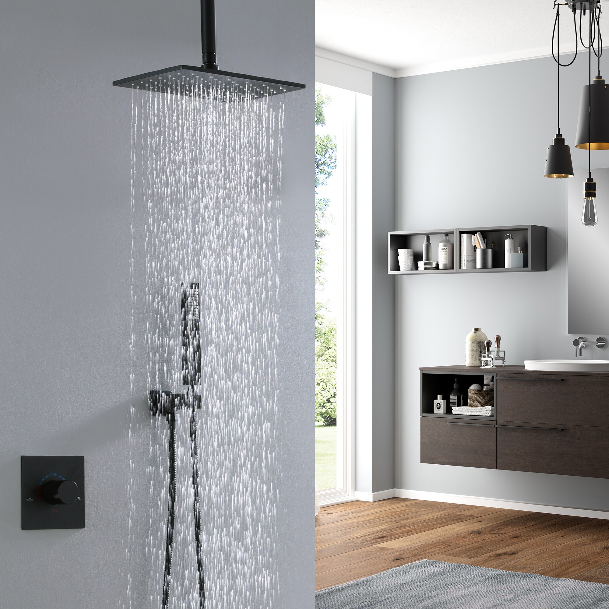 WELLFOR 16-in Ceiling Mounted Shower System Matte Black Built-In Shower  Faucet System with 2-way Diverter Valve Included