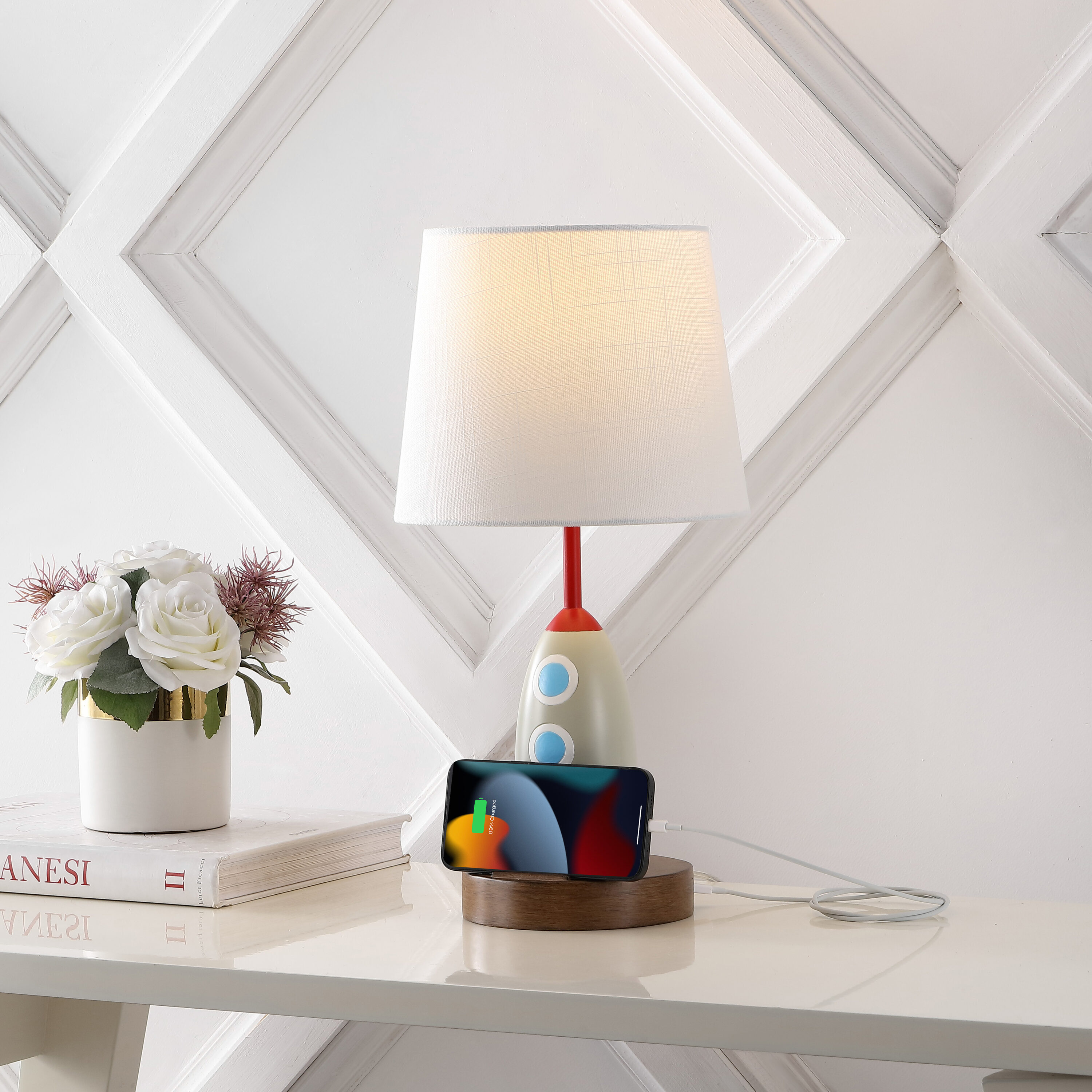 JONATHAN  Y JYL6310A Houston Rocket Phone Stand and USB Charging Port 17.5-in Multi-Color LED On/Off switch Table Lamp with Linen Shade