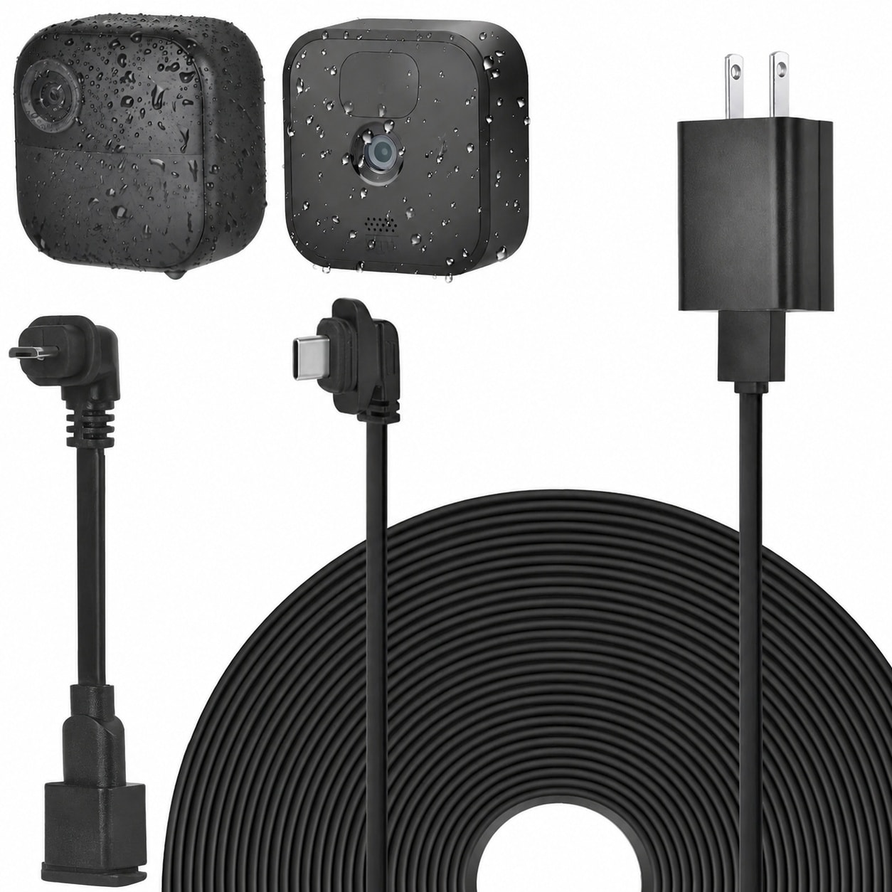 KHKFY  Weatherproof 30ft Power Cable for Blink Outdoor and Indoor Cameras Flat Extension Charger Cable with Adapter and Extra Type C to Micro