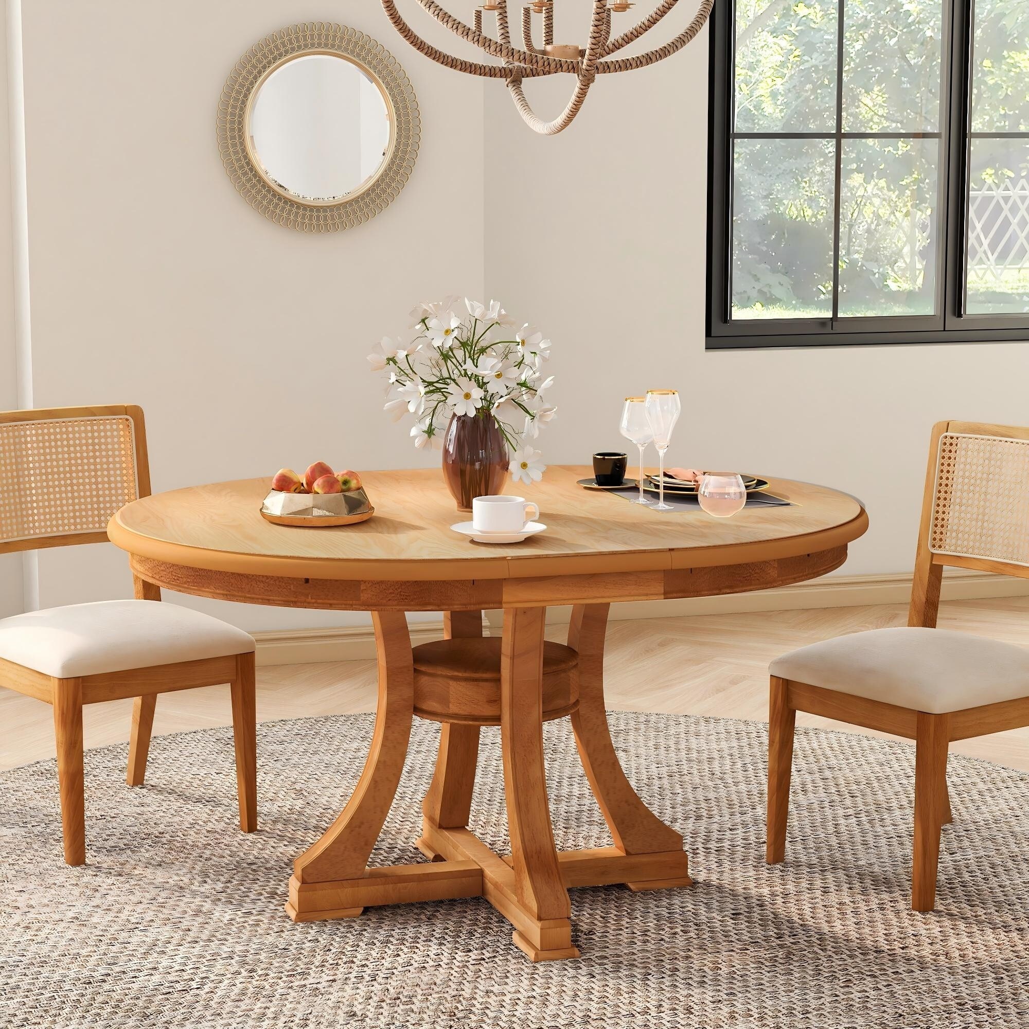 Horizons Prime - 47 to 59 inch Natural Wood Solid Rubber Wood Extendable Round Dining Table with ...