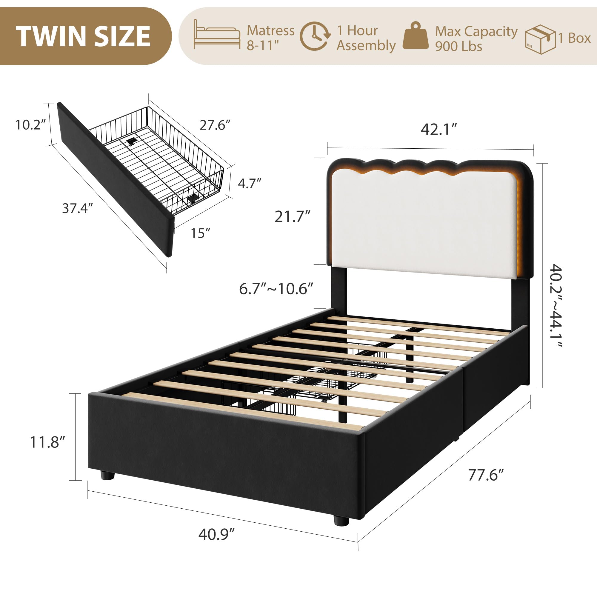 Aoile Twin Black Velvet Upholstered LED Platform Bed Frame with Wavy ...