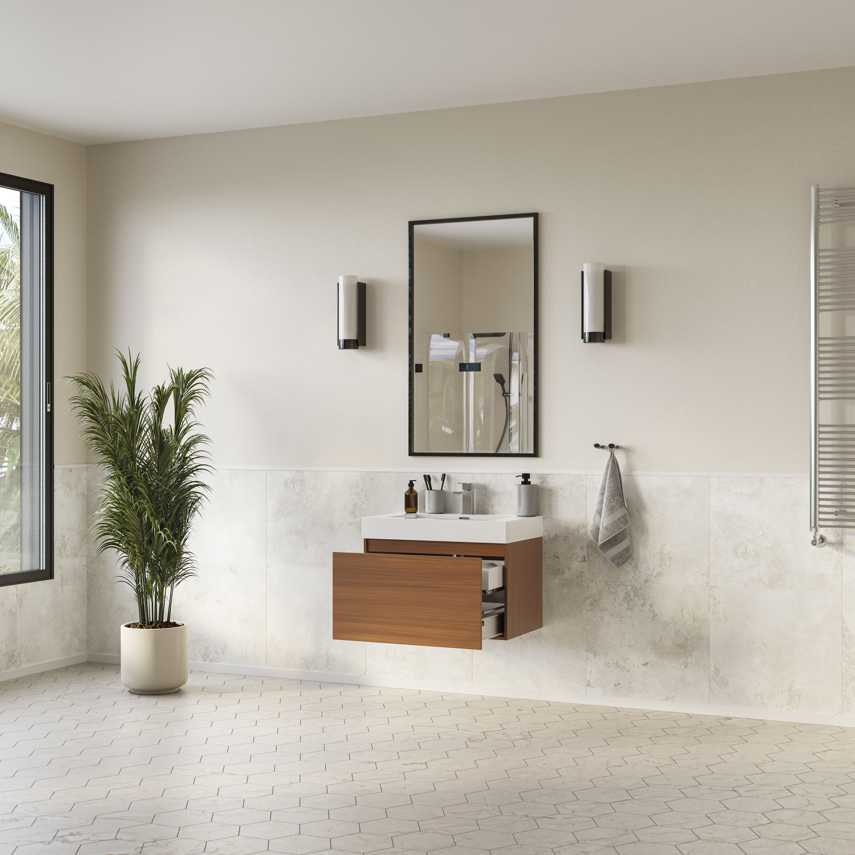 Teak 30" Wall-Mounted Single Sink Bathroom Vanity with Acrylic Top