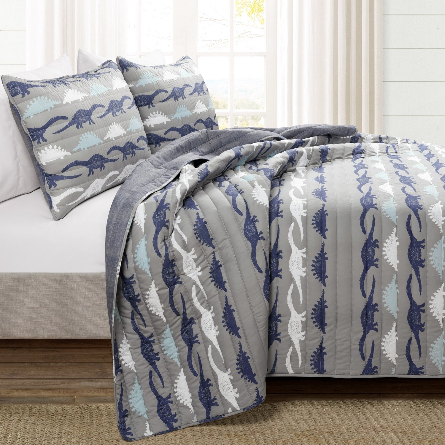 Navy and Gray Dinosaur Reversible Twin Microfiber Quilt Set
