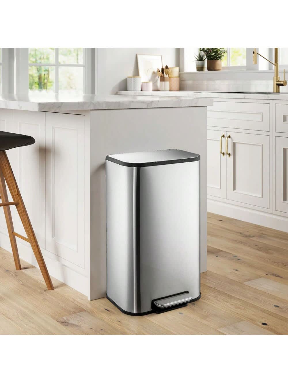 Qeetex PHO-14CV2L05-HF4 Stainless Steel Trash Can. Rectangular Steel Pedal Garbage Can With Lid And Inner Buckets. Smudge Resistant Hands-Free Kitchen Waste Bin. 4 Sizes For Choice. 13 Gallon.8 Gallon