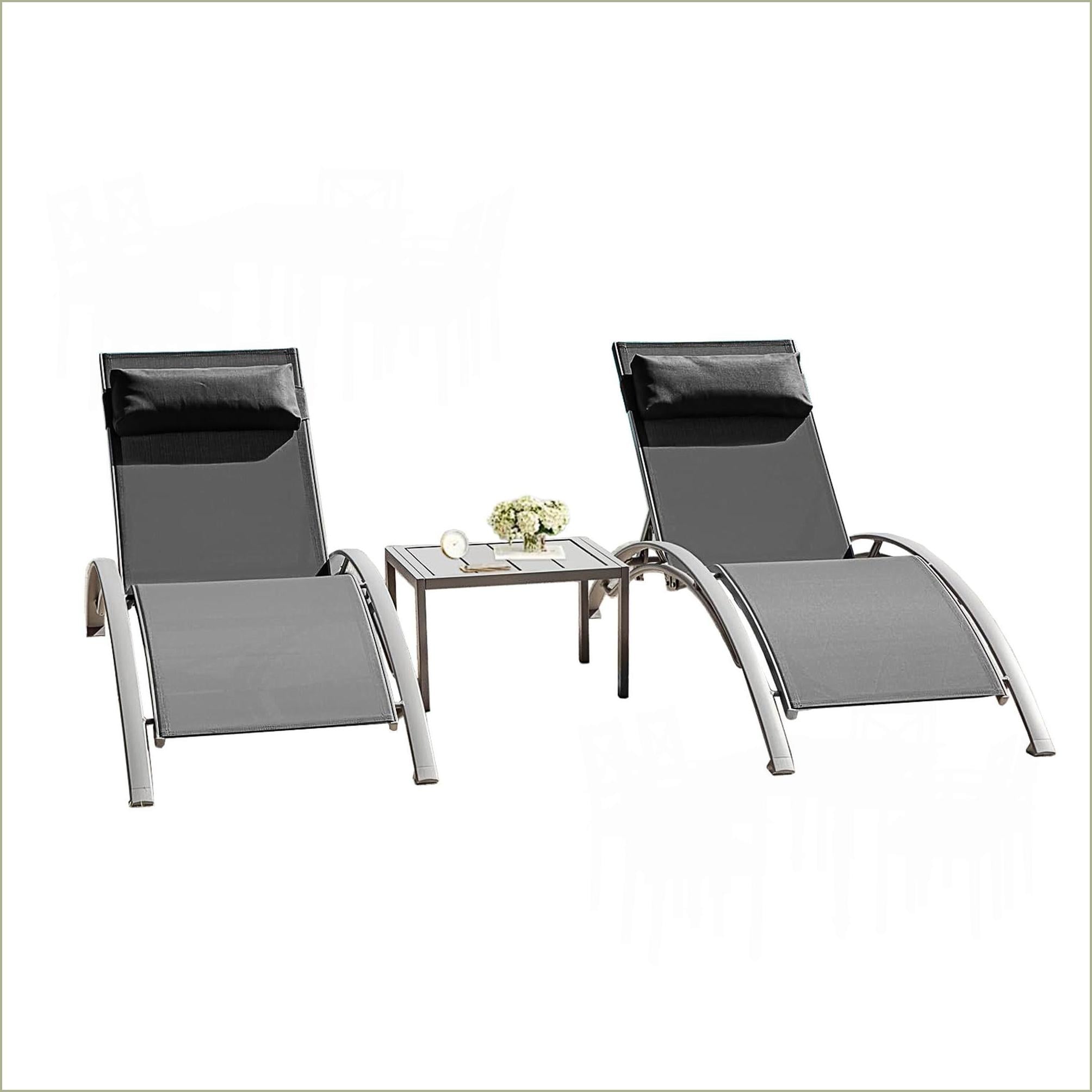Watnature Patio Lounge Chair Set 3 Piece (2 Chairs  and 1 Table) for Pool Backyard  Dark Gray  Aluminum