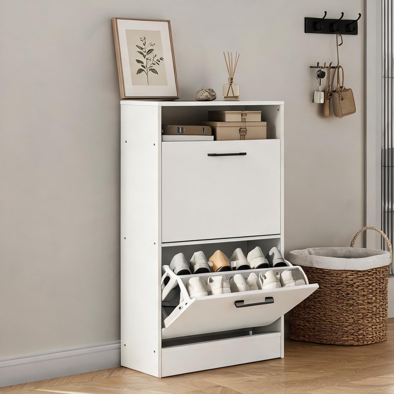FlowLuxe Arched Panel Shoe Storage Cabinet with White-Toned Finish Adjustable Dividers and Top Compartment
