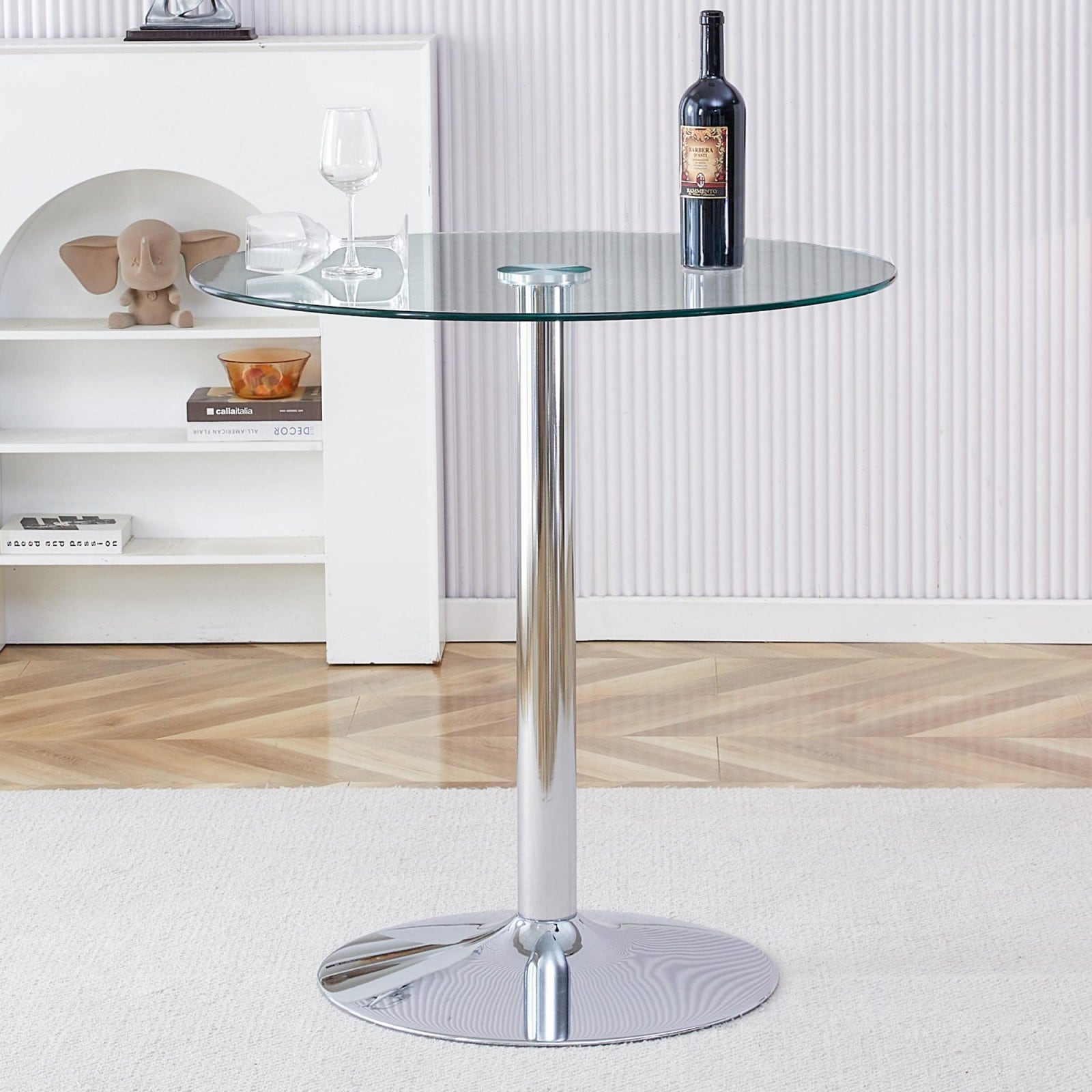 GlasFlength  35-Inch Silver Round Minimalist Circular Dining Table with Electroplated Legs Space Saving Modern Solution for Dining Room Living Room Conference RoomTransparent