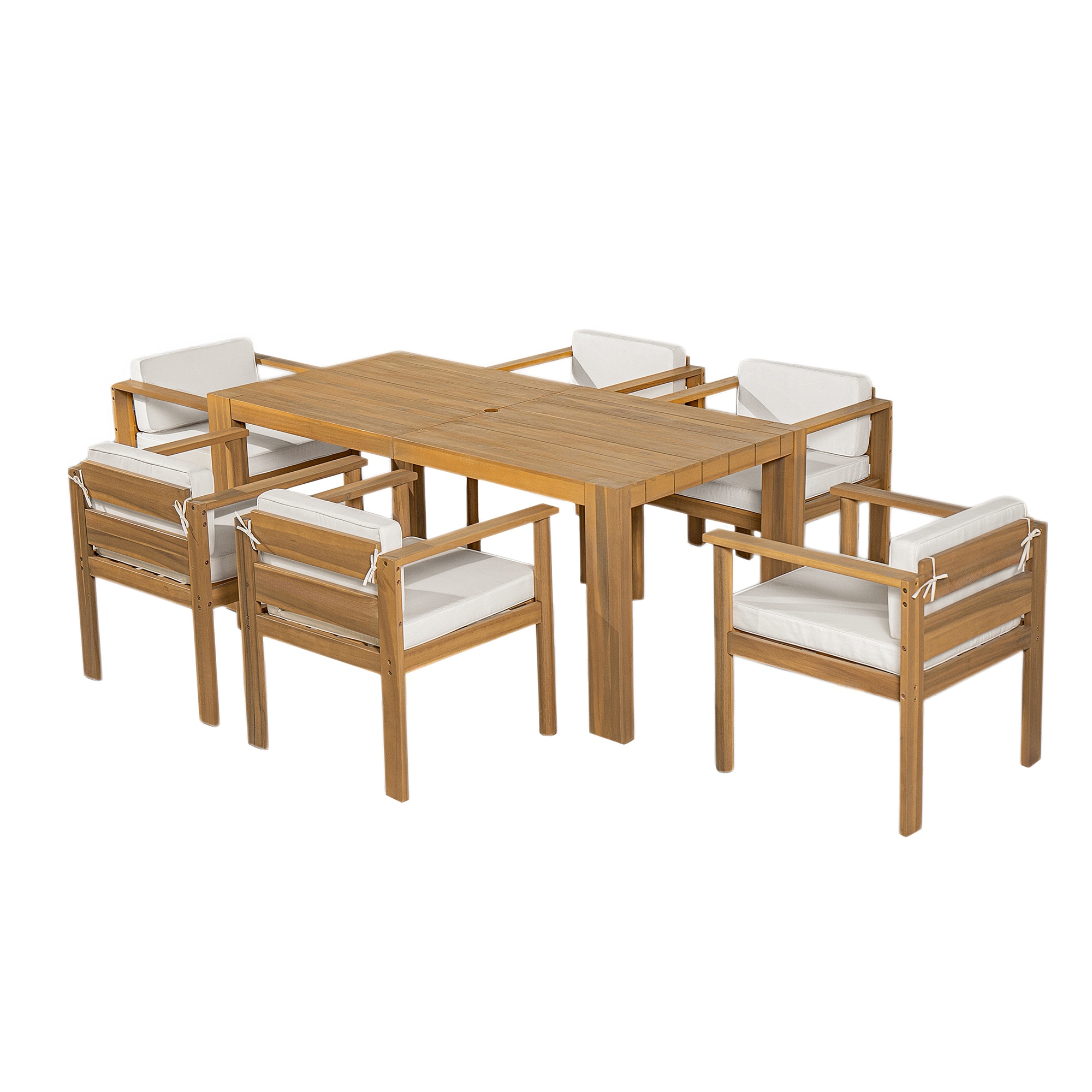 SINOFURN SYA370197BG 7 -Piece Light Teak Patio Dining Set Wood Rectangle Table with 6 Beige Cushions Stationary Chairs