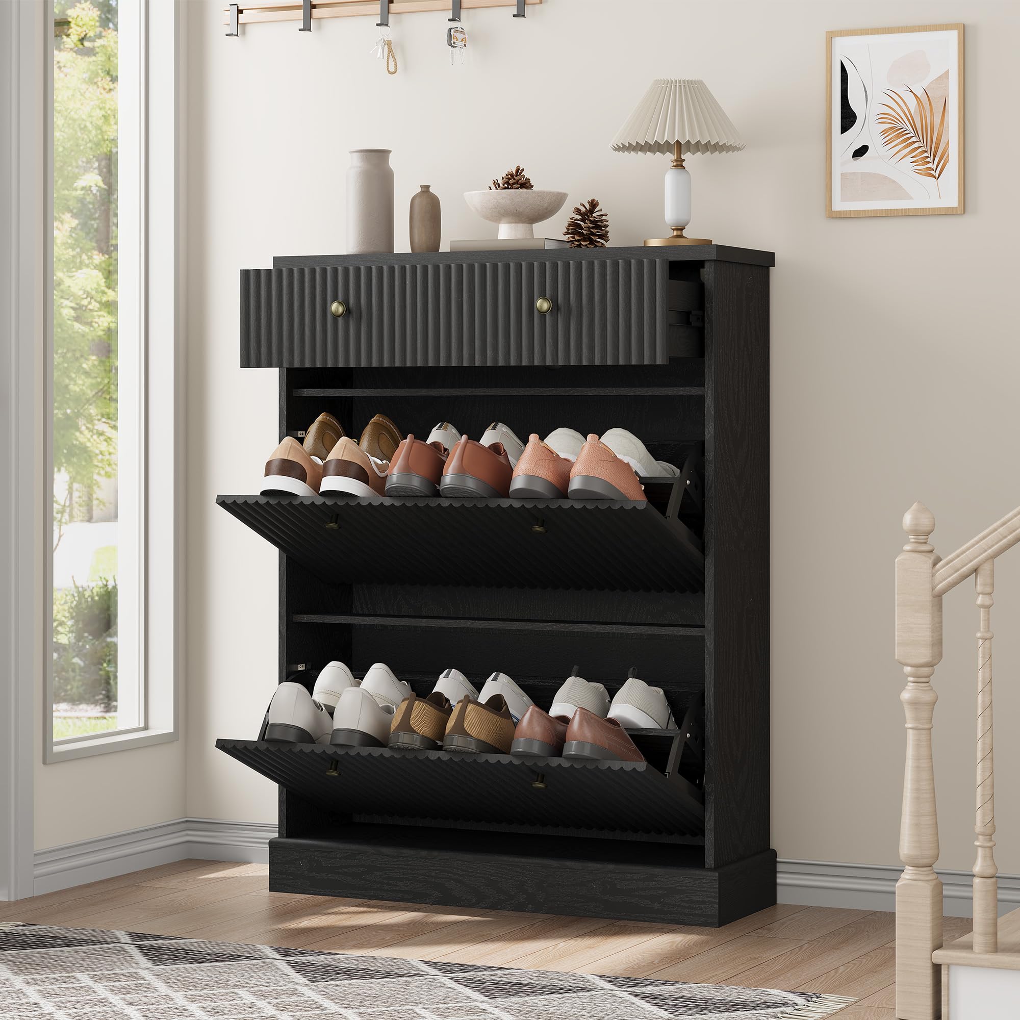 IdealHouse Large Fluted Shoe Cabinet with 2 Flip Drawers 1 Top Drawer Narrow Storage Cabinet with Adjustable Removable Shelves Modern Freestanding Shoe Organizer for Entryway Hallway Black