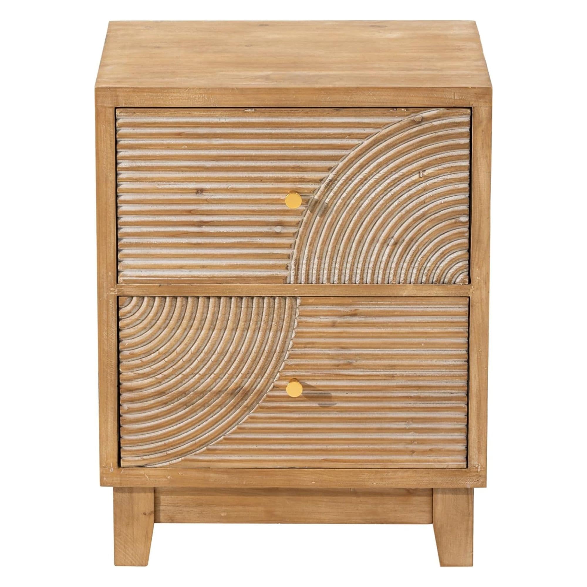  Farmhouse 2 Drawer Nightstand with Handcrafted Wood Ring Pattern Natural