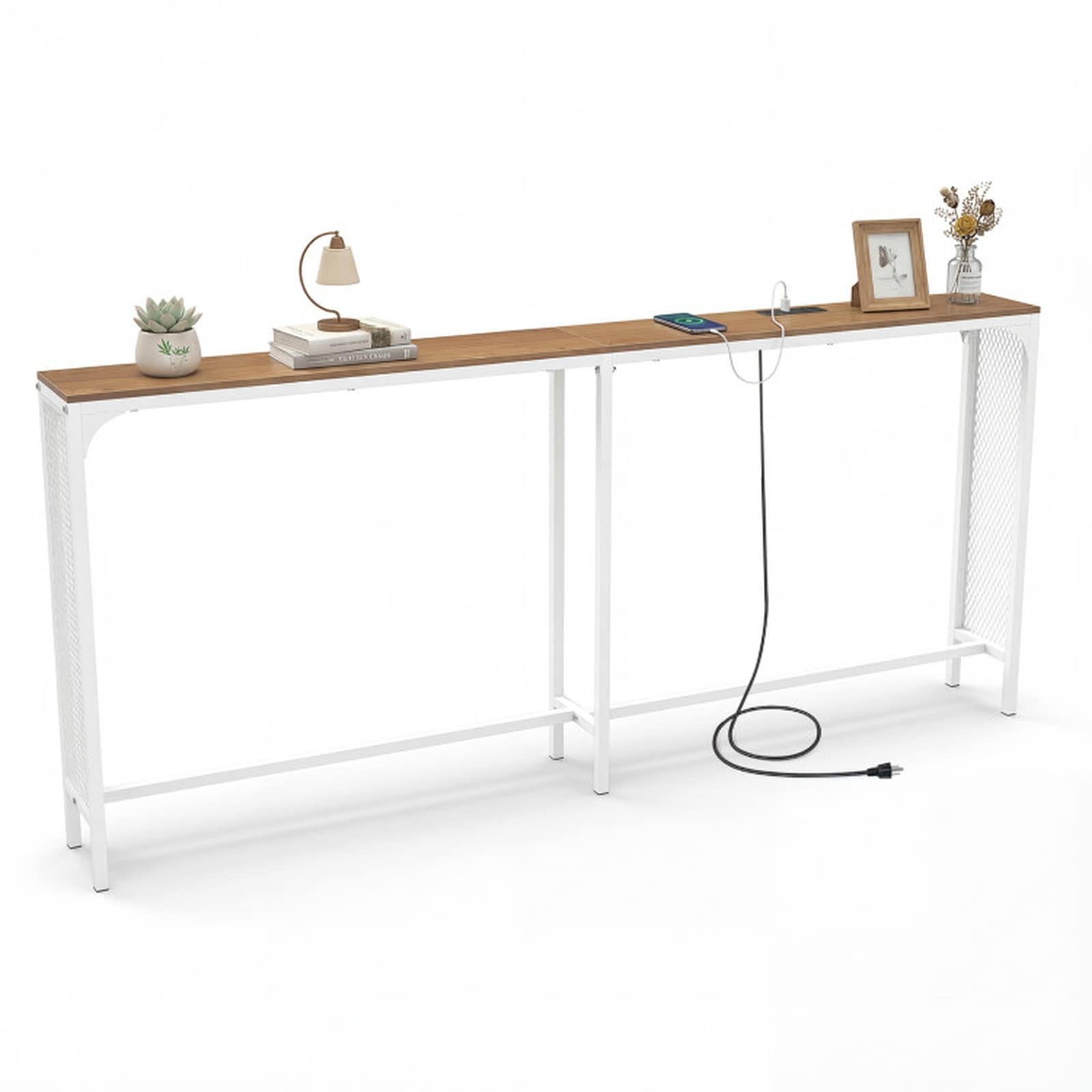 SUGIFT 71-in Extra Long Narrow Console Table with Reversible Charging Station - Natural and Black 8-in Deep Sofa Table with 2 AC Outlets USB and Type-C Ports 100-lb Tabletop Rating 3 Anti-Tipping Kits and a Braced Metal Frame for a Long Hallway Wall